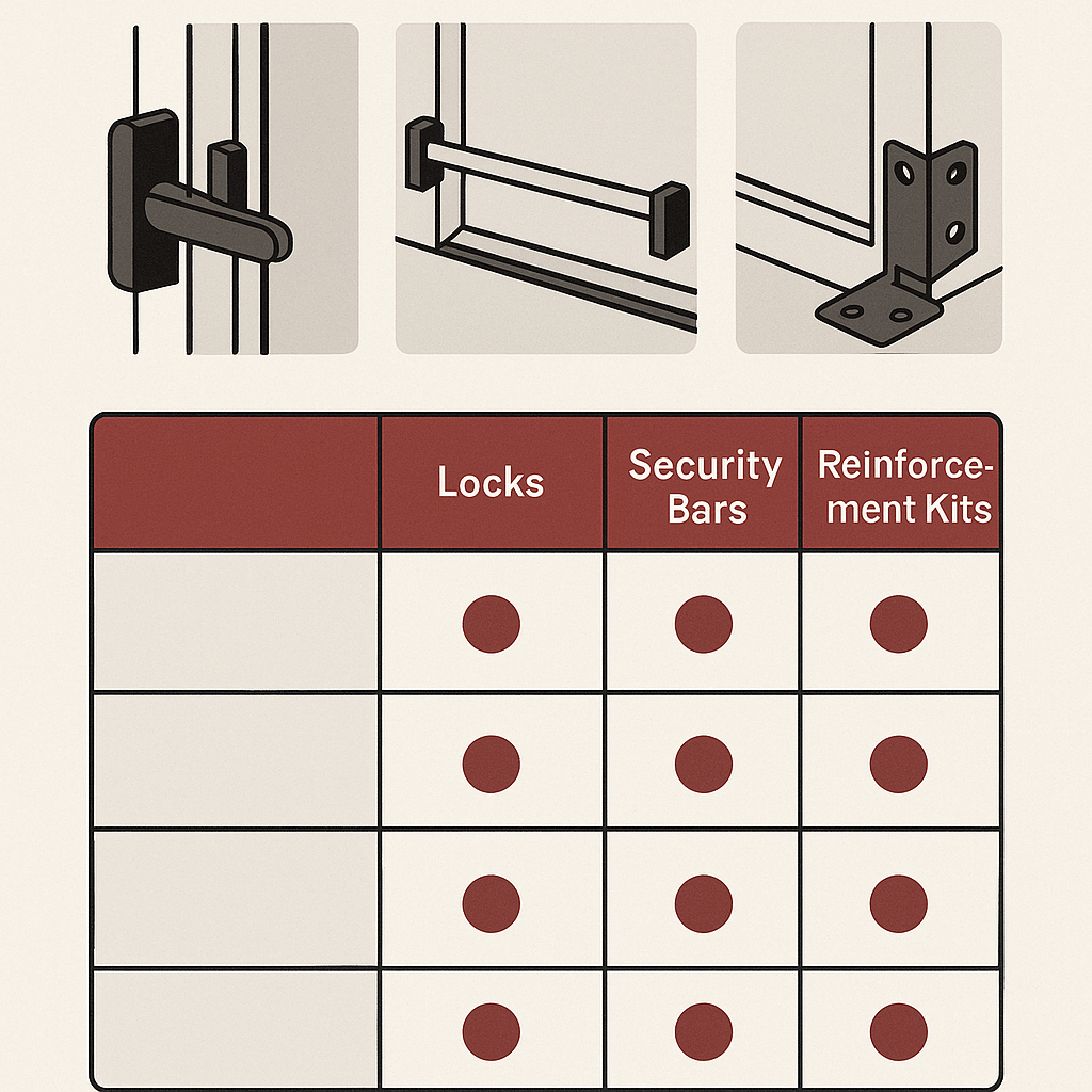 Side-by-Side Comparison: Locks vs. Security Bars vs. Reinforcement Kits — illustration