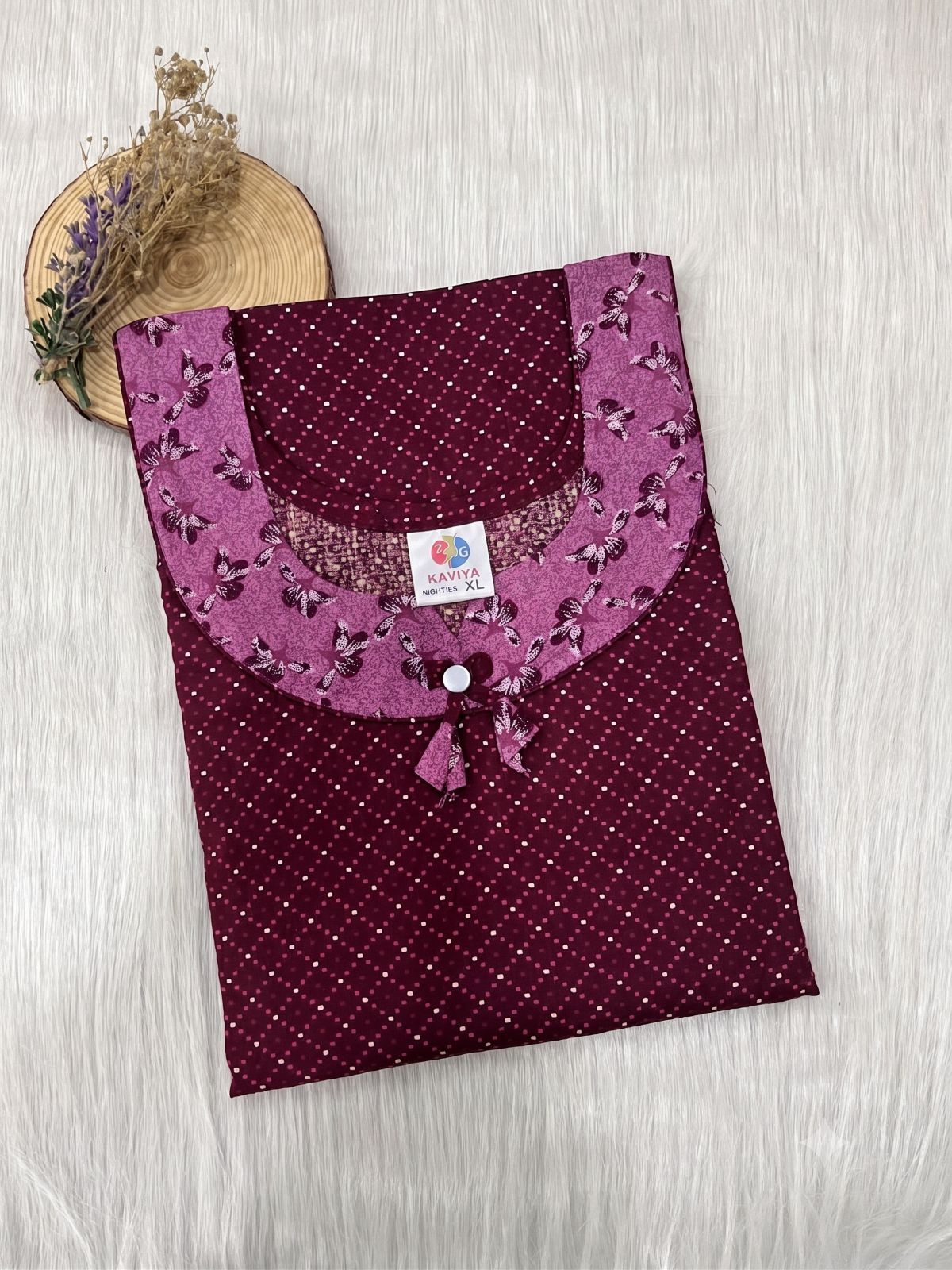 Women's Maroon Micro Polka Dot Cotton Nighty 1