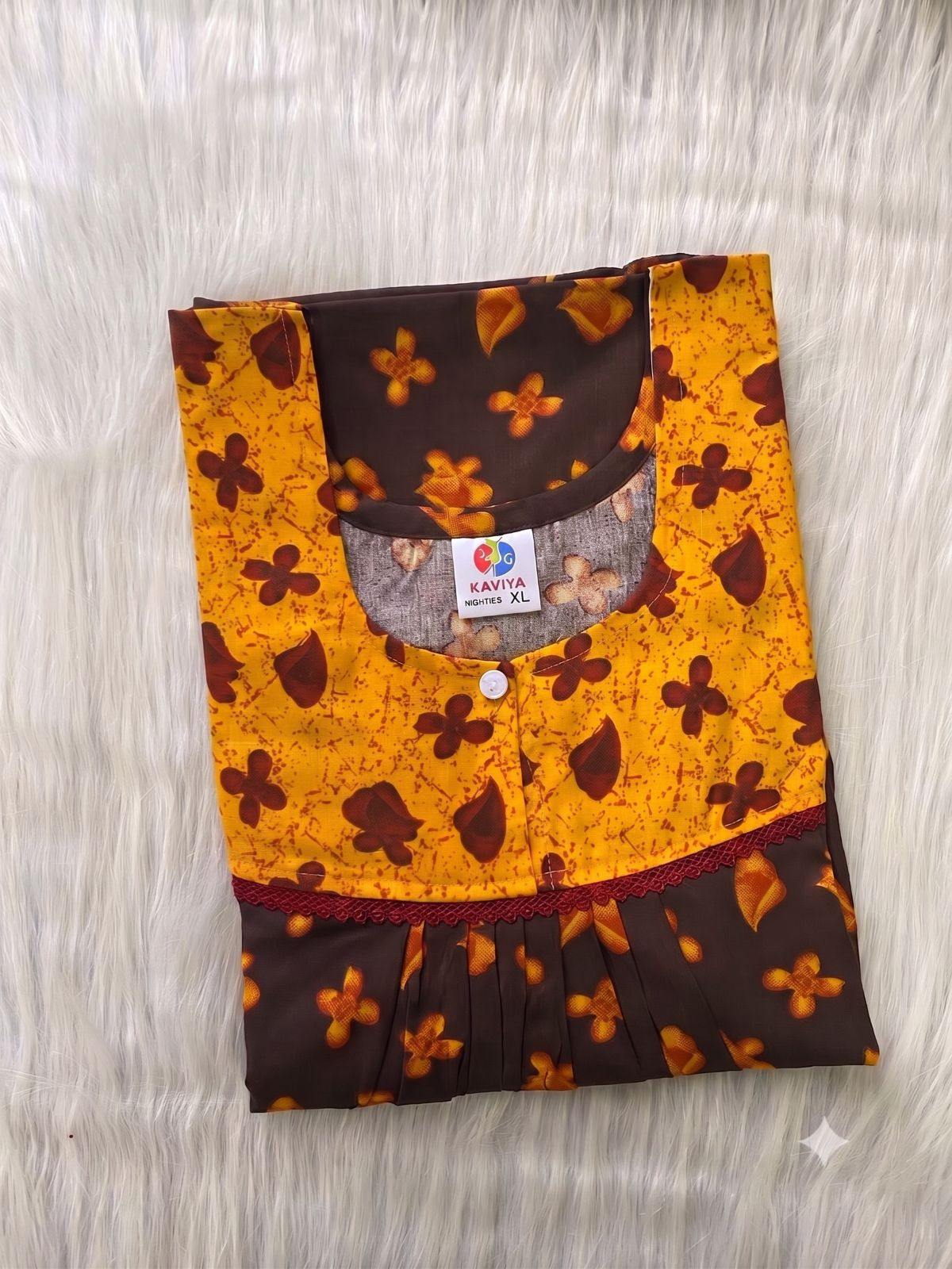 Kaviya Women's Brown & Yellow Floral Printed Cotton Nighty