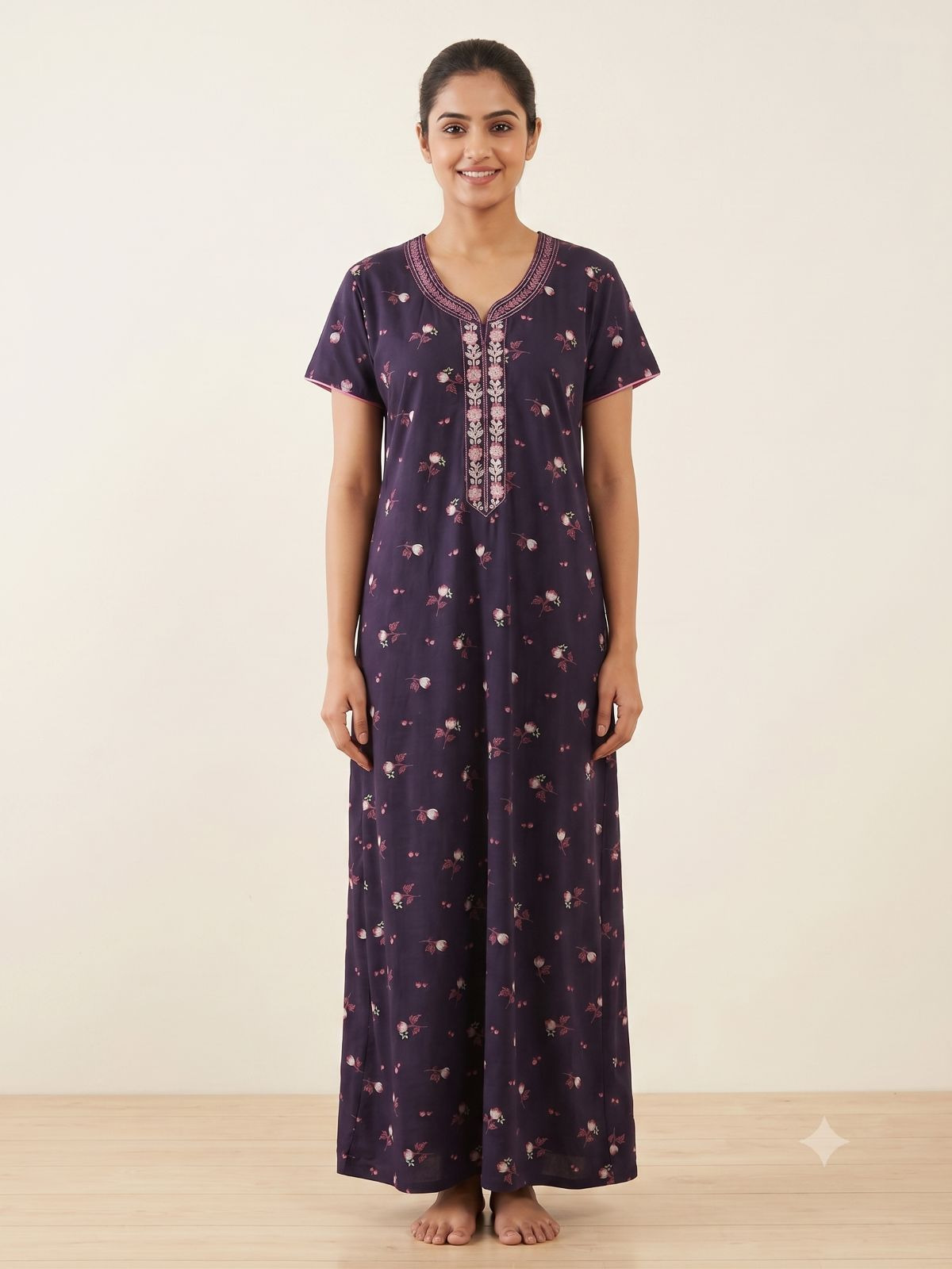 Elegant Navy Blue Cotton Floral Nighty
