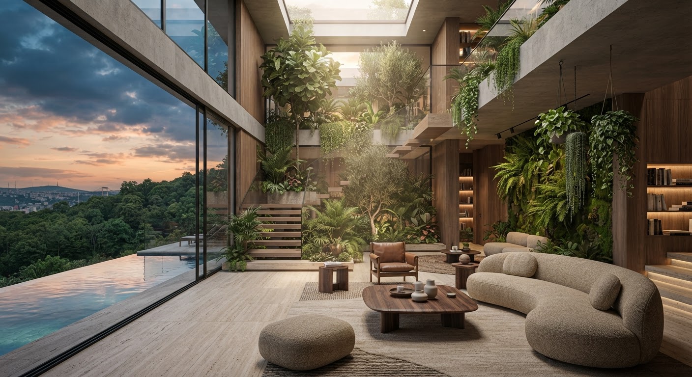 Biyofilik tasarım: Doğayı içeri taşıyan render senaryoları — ArchiRend AI görseli