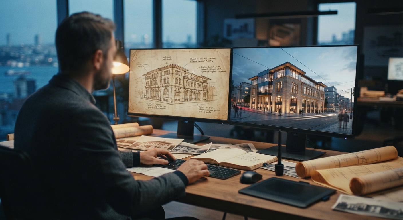 Giriş: Neden mimari arşiv projelerini yeniden görselleştirmek? — ArchiRend AI görseli