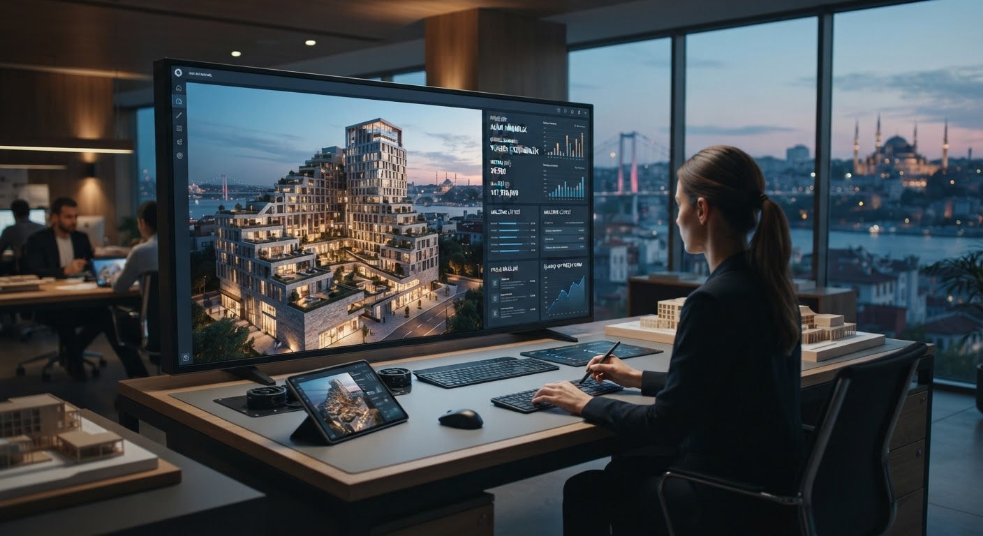 Mimari görselleştirme ile entegrasyon: aynı arayüzde veri + görsel deneyimi — ArchiRend AI görseli
