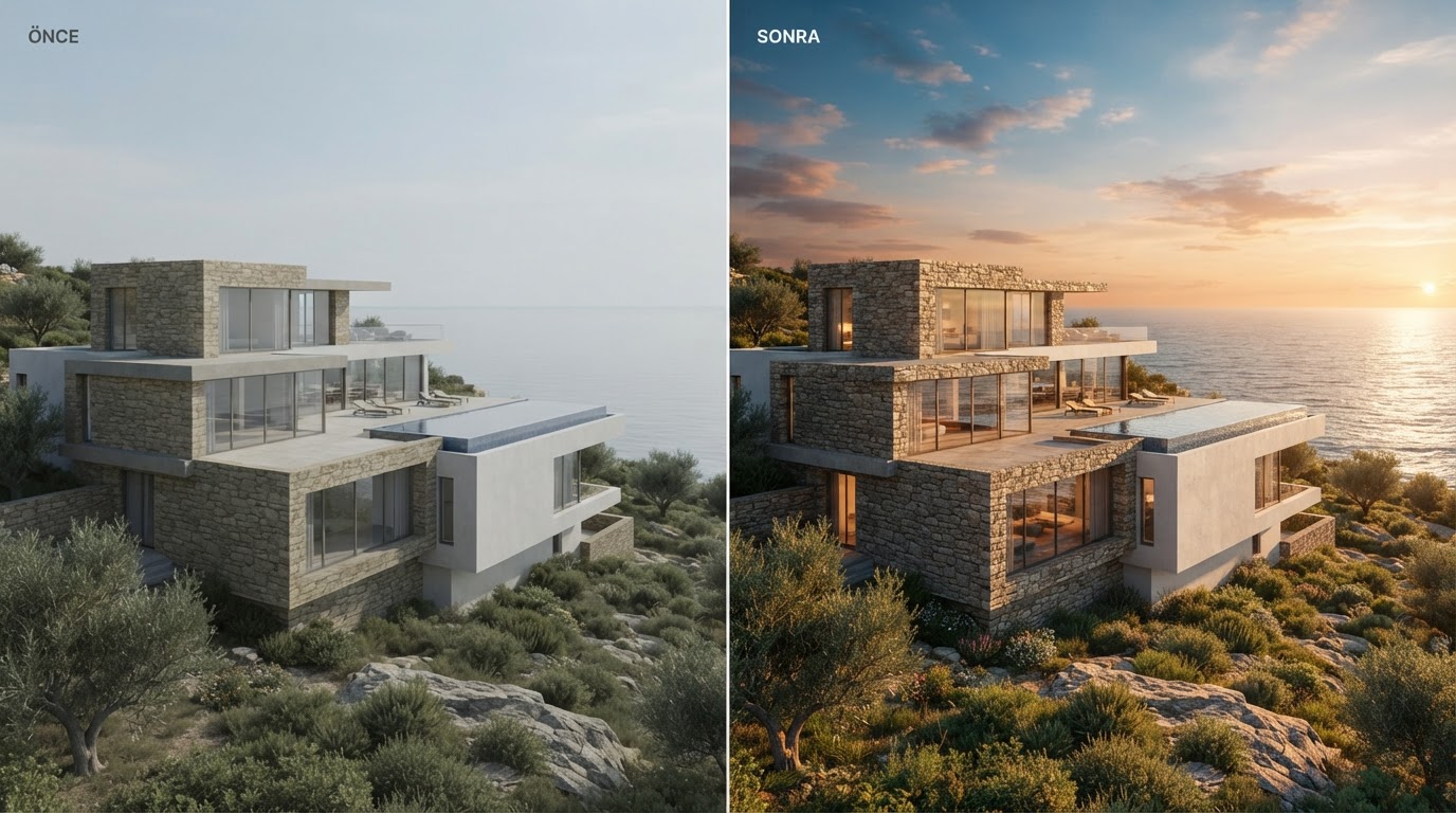 Mimari portföy projelerini AI ile yeniden render almak: ArchiRend ile önce/sonra dönüşümü — ArchiRend AI görseli
