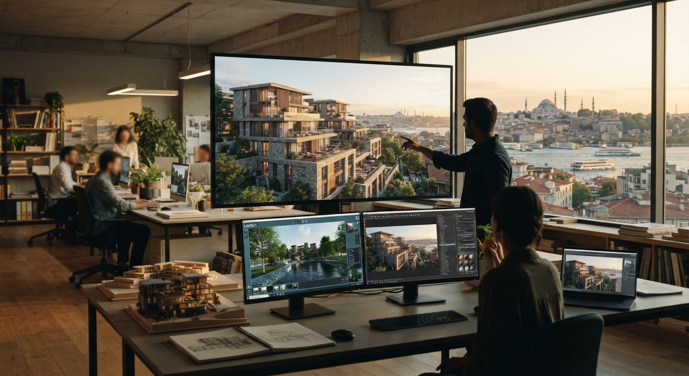 Klasik 3D render programları: V‑Ray, Lumion, Corona, Enscape — ArchiRend AI görseli