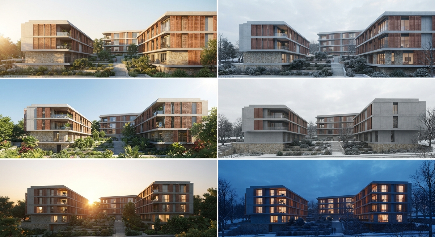 Sürdürülebilir Mimaride Enerji Senaryosu Renderları: Sabah–Öğle–Akşam, Yaz–Kış Kararlarını Şeffaflaştırmak — ArchiRend AI görseli