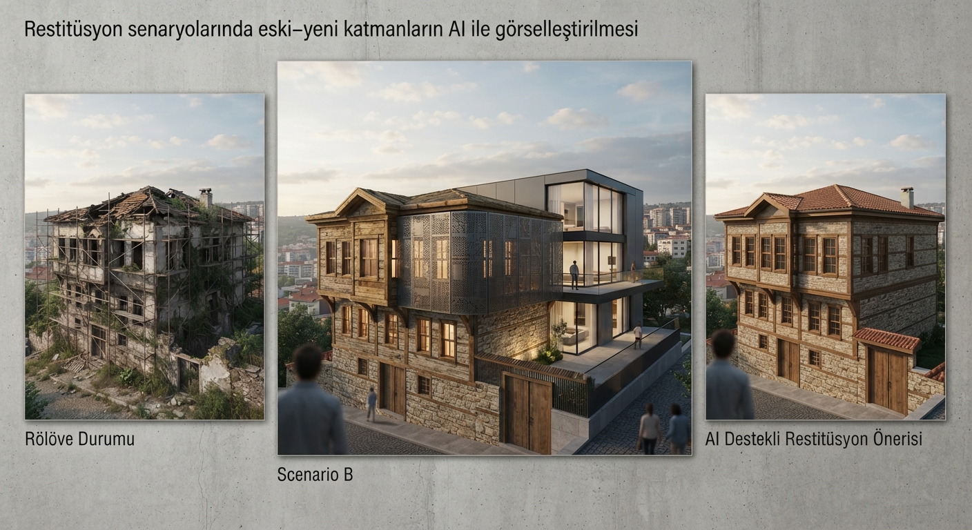 Restitüsyon senaryolarında eski–yeni katmanların AI ile görselleştirilmesi — ArchiRend AI görseli