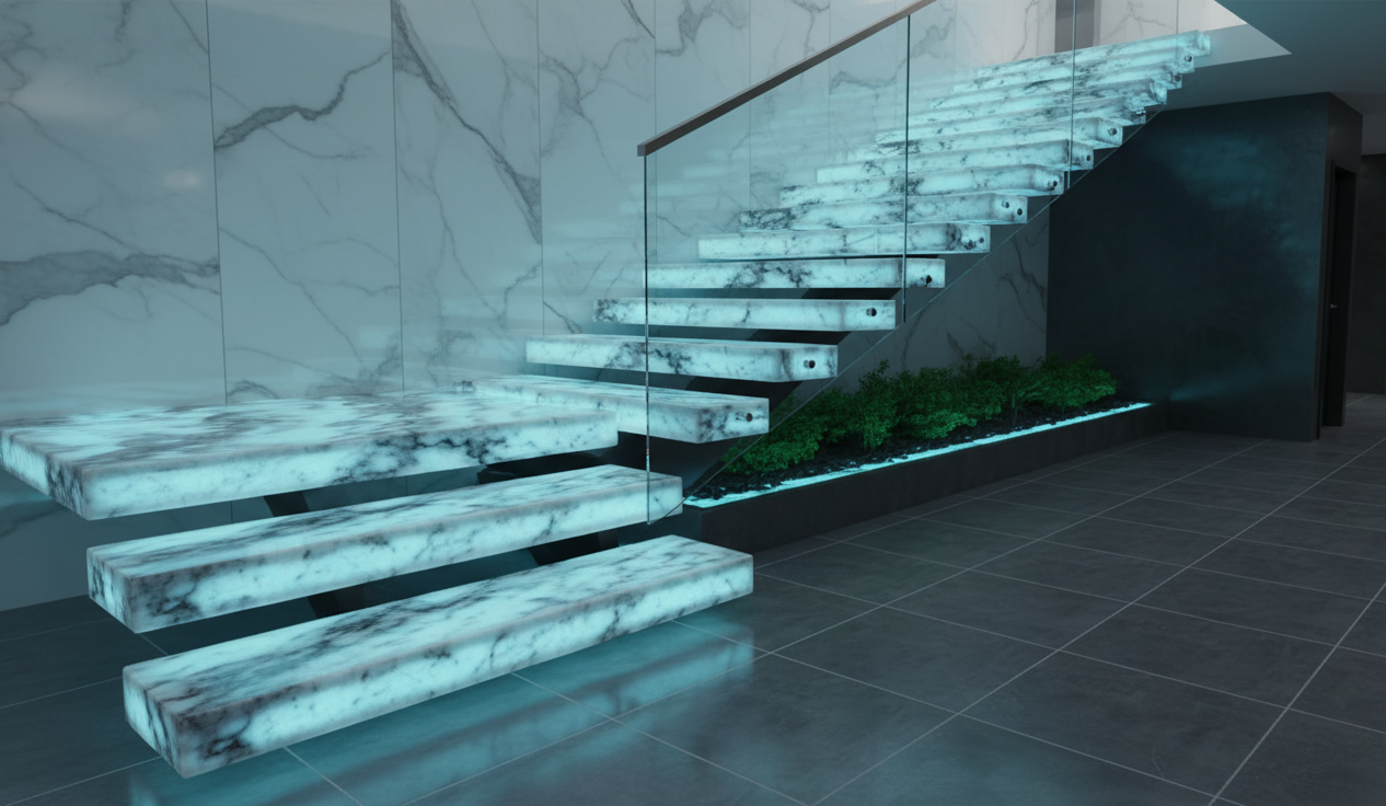 Treppenhaus in Düsseldorf mit beleuchtetem Onyx