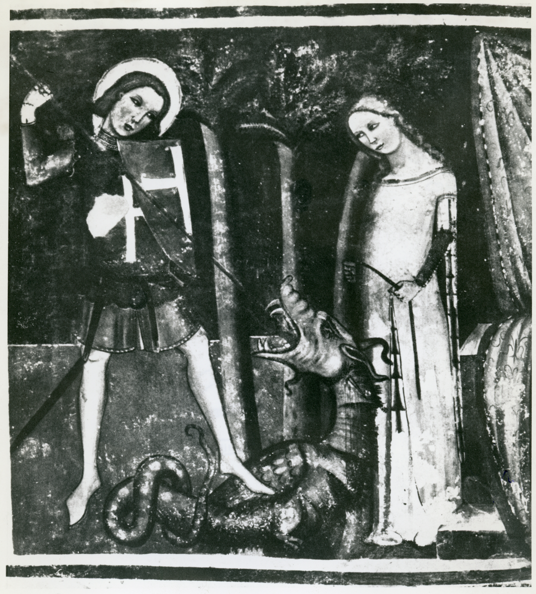 A princess, a dragon and a knight in shining armour, Fresco of Saint George in Venzone Cathedral, Friuli, 1976
