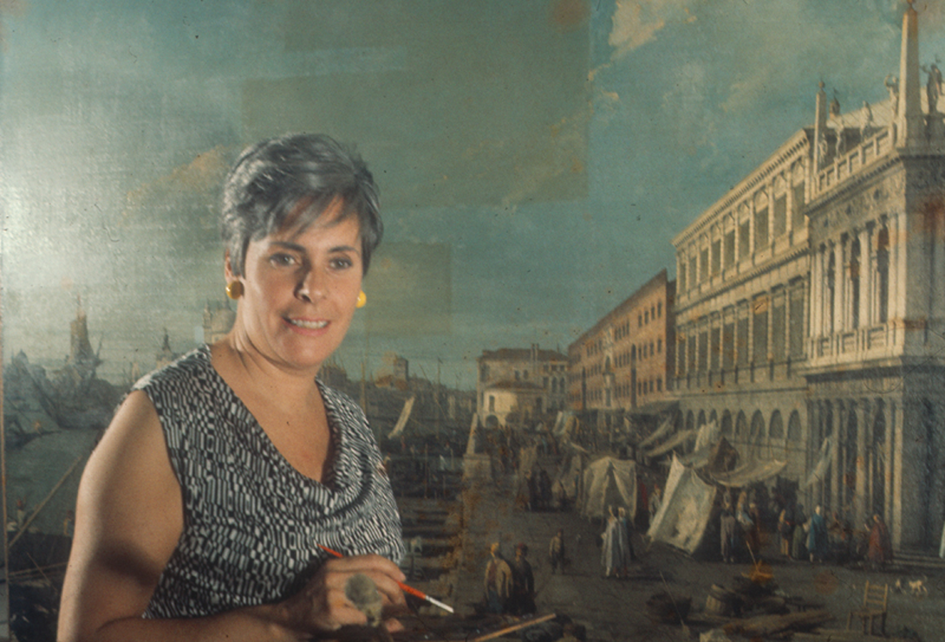 01 - Laura Mora restoring the painting “Venice: A view of the Molo” by Canaletto, Italy, 1966. Photo by Anon.