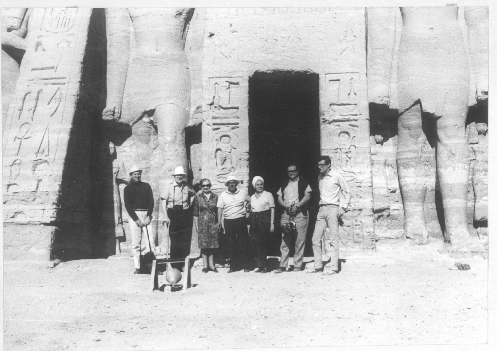 Fig. 1. From left to right, Giorgio Torraca, Dr. and Mrs. Plenderleith, Zaki Iskander, Laura and Paolo Mora and Gaël de Guichen in front of the Temple of Nefertari in Abu Simbel, Egypt, after the transfer. 1970. © ICCROM
