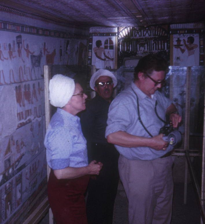 Laura and Paolo Mora with Zaki Iskander examining the Tomb of Nakht, Valley of Nobles, Egypt, 1970. © ICCROM