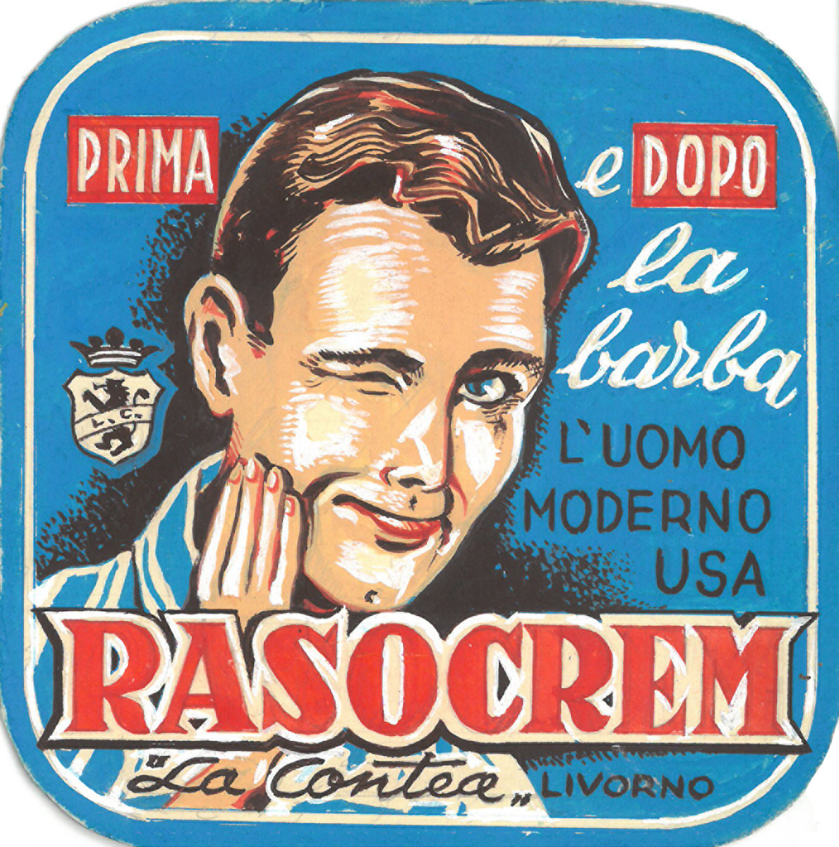 Bozzetto per vetrofania "Prima e dopo la barba l'uomo moderno usa Rasocrem "La Contea" Livorno"