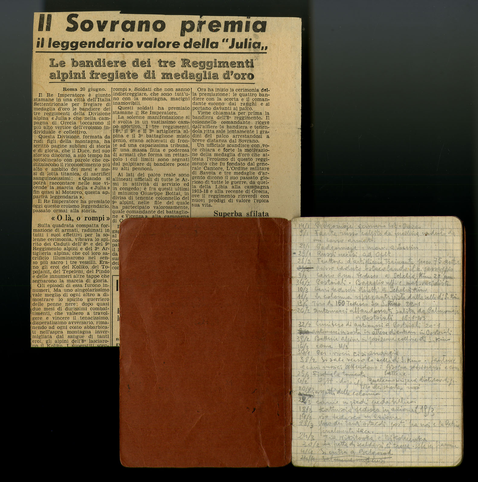 Due documenti del fondo Vettorazzo: diario di guerra e ritaglio di giornale