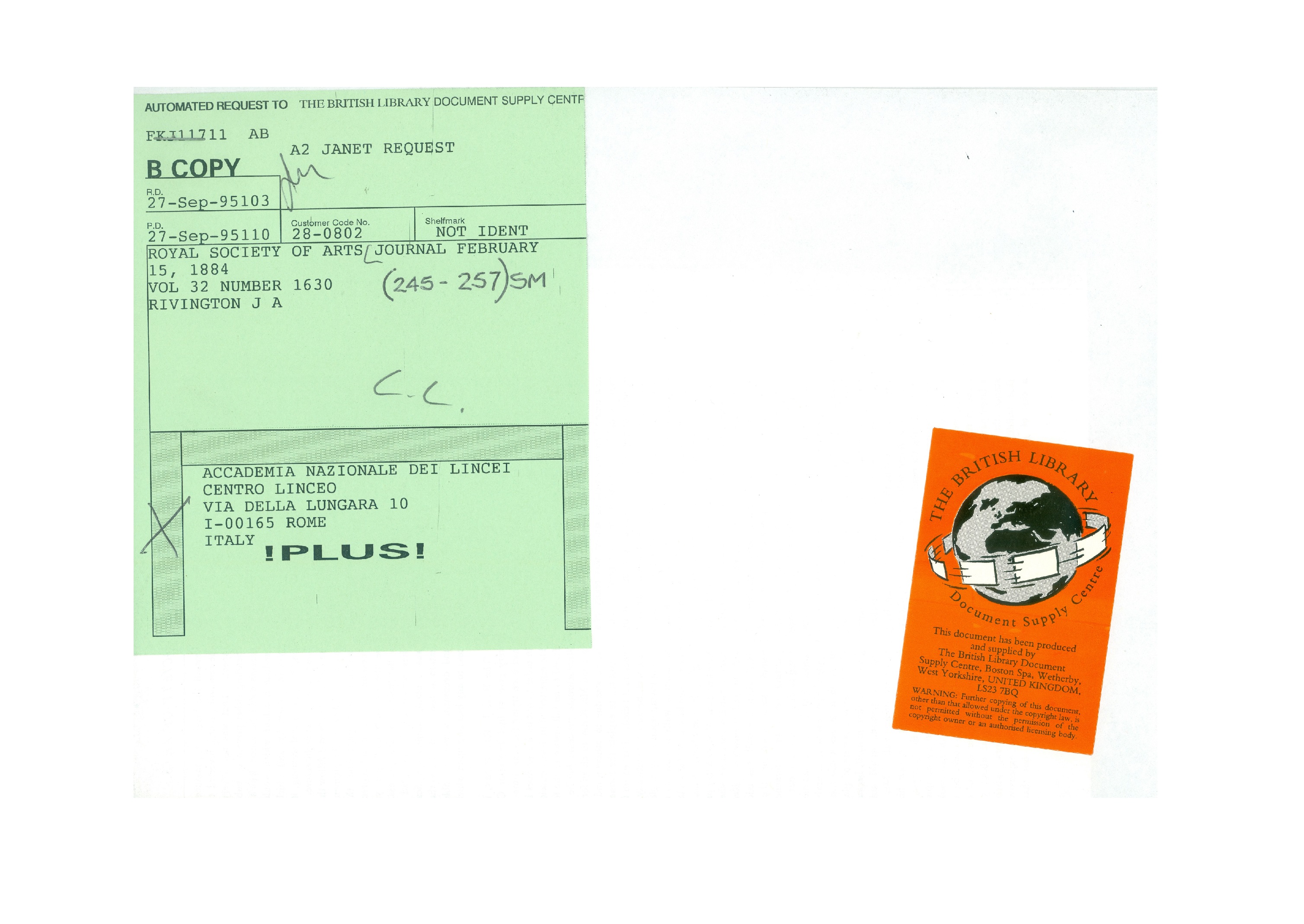 L'adesivo arancione che si trova sul verso della prima pagina dell’articolo inviato dal Document Supply Centre della British Library e il cedolino verde