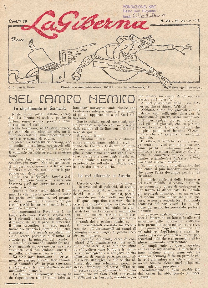 Prima pagina de "La Giberna", 22 agosto 1918