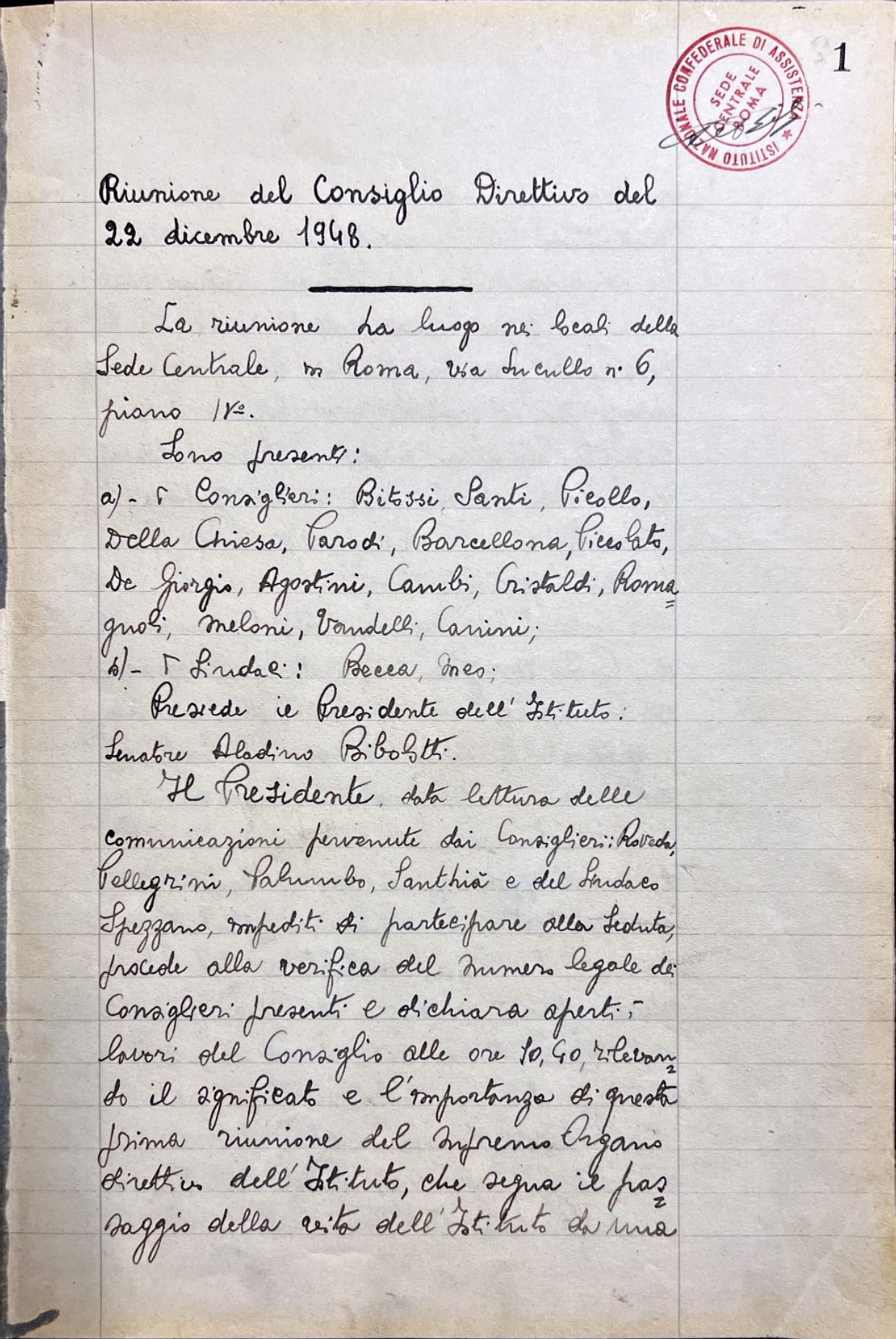 Verbale del Consiglio direttivo del 22 dicembre 1948