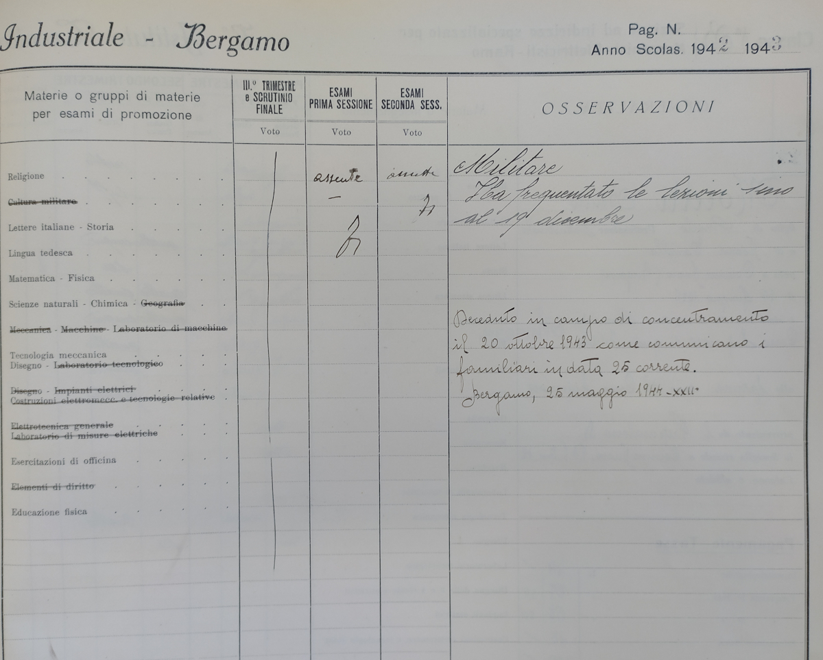 Nota morte in campo di sterminio di un alunno a.s. 1942 - 1943