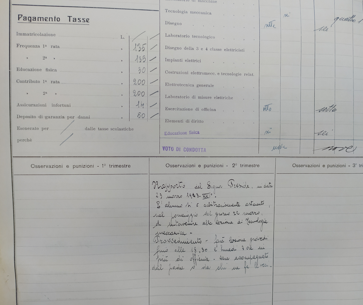 Rapporto del Sig. Preside su un alunno a.s. 1942 - 1943