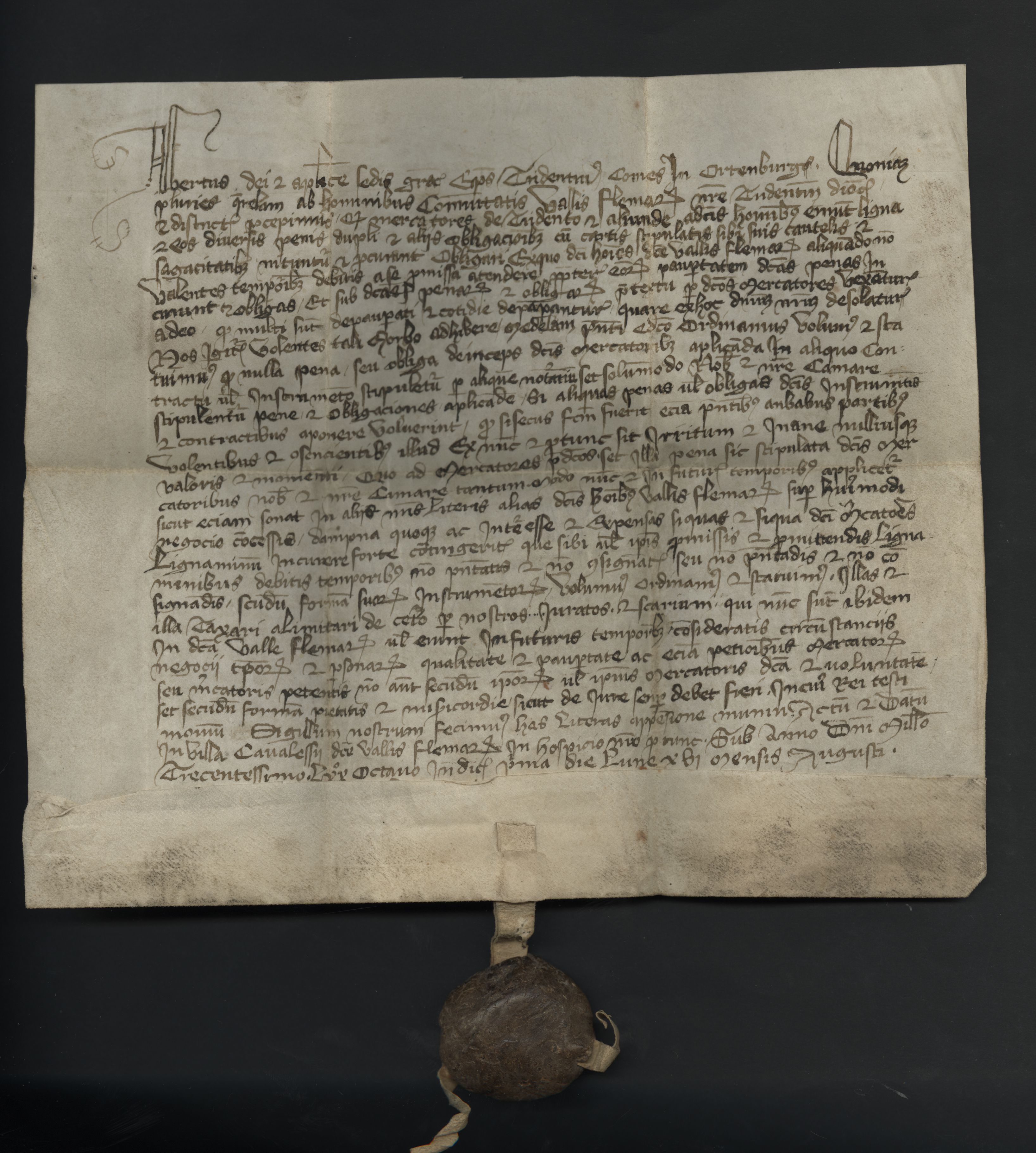 AMCF, Cassetto B, Sc. 21, 1. Alberto di Ortenburg, principe vescovo di Trento, riconosce allo scario e ai giurati della Comunità l’autorità di giudicare nelle cause contro stranieri in materia di commercio dei legnami. Cavalese, 1378 agosto 16.