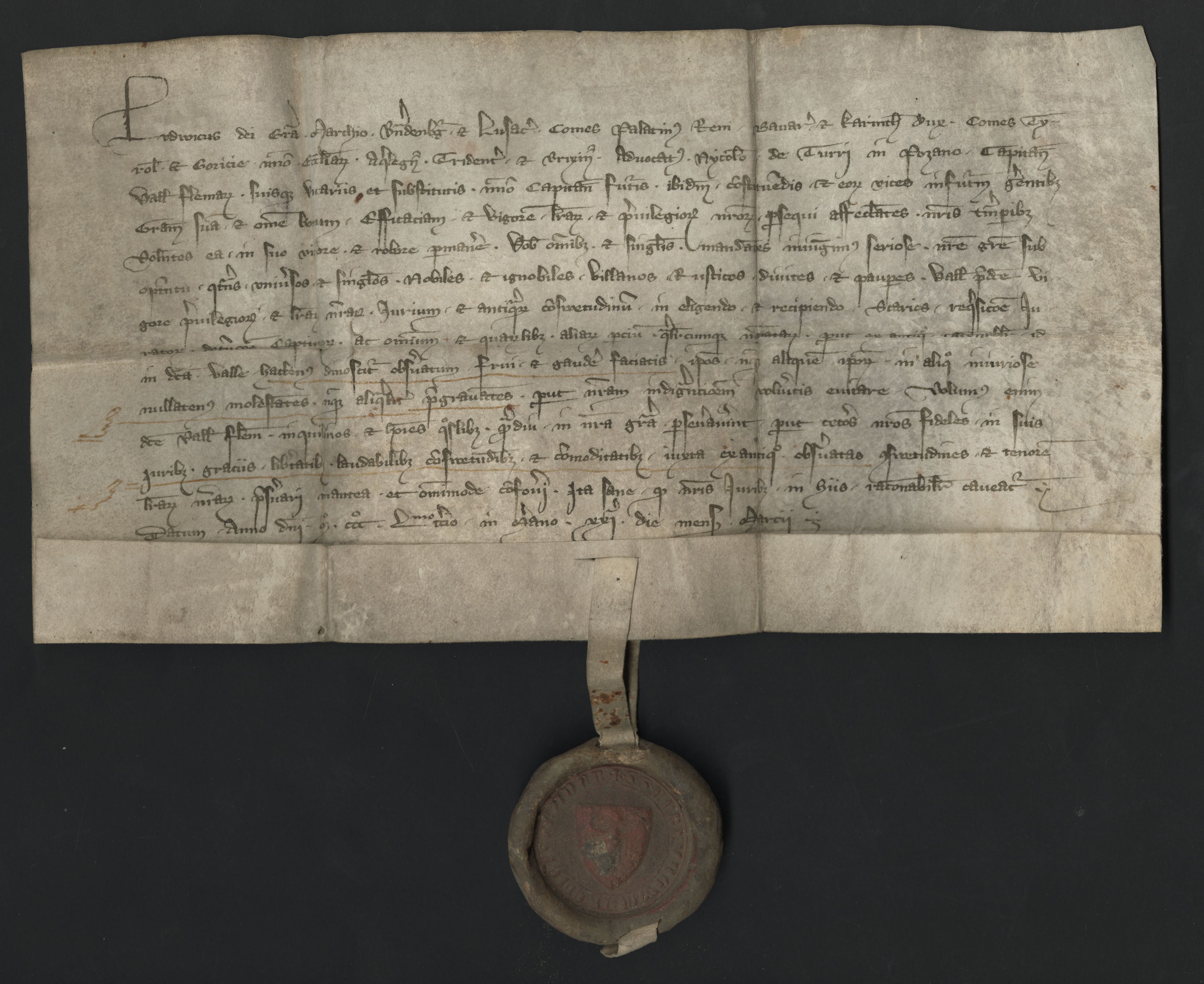 AMCF, Cassetto C, Sc. 25.4. Ludovico di Brandeburgo, conte del Tirolo, ordina a Nicolò della Torre, capitano di Fiemme, di rispettare i privilegi della Comunità.