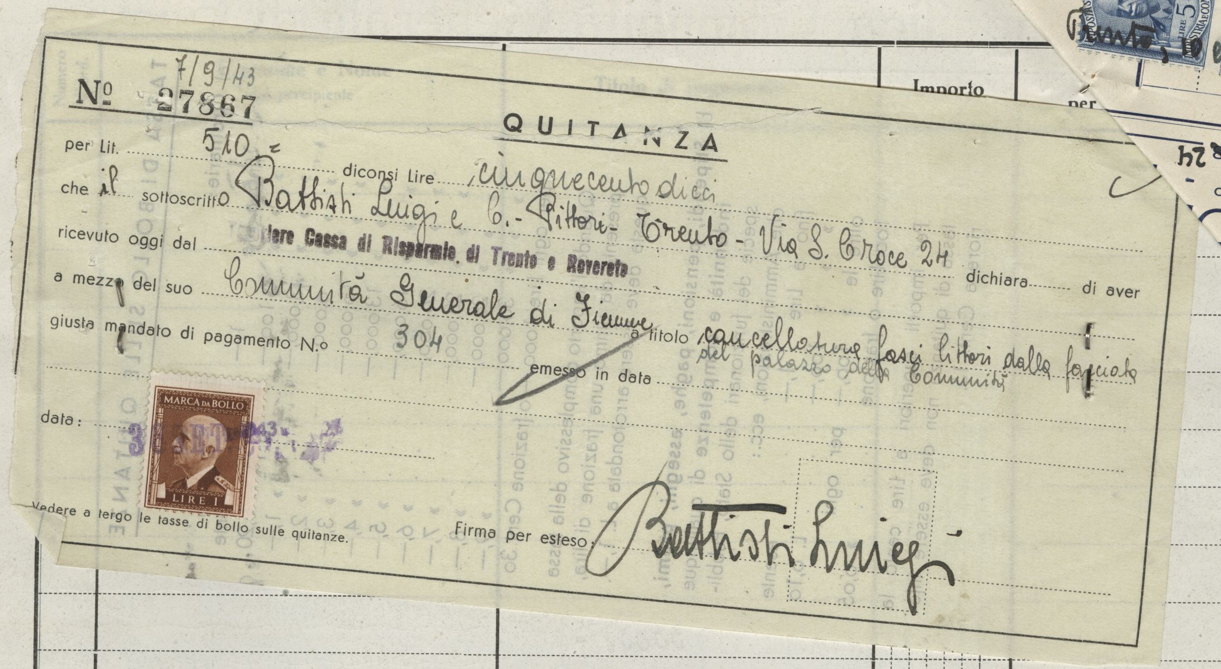 AMCF, Allegati ai consuntivi, Sc. 417, 150. Quietanza di pagamento emessa da Luigi Battisti in data 7 settembre 1943 per il lavoro eseguito sulla facciata del Palazzo della Magnifica Comunità.