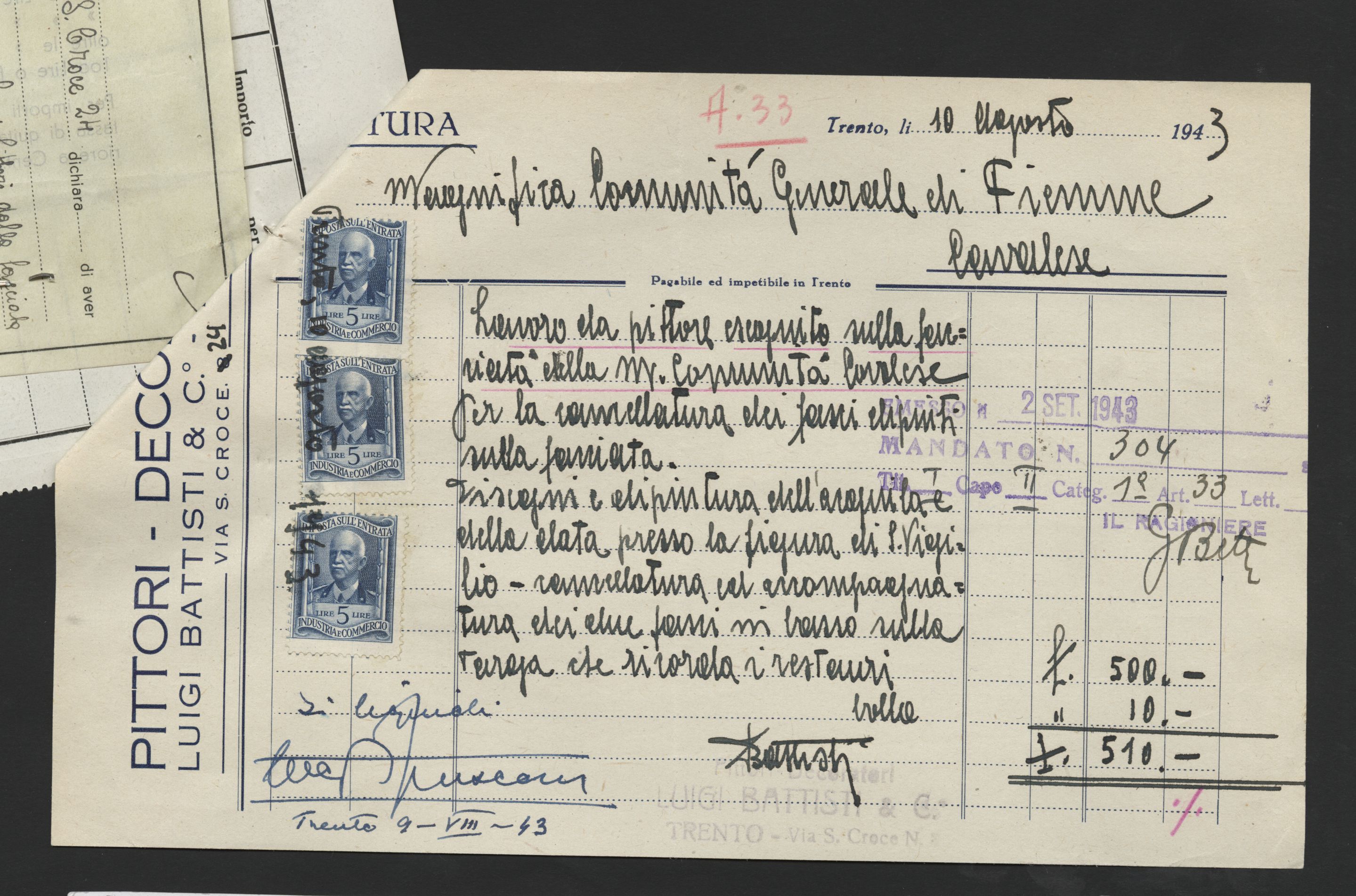 AMCF, Allegati ai consuntivi, Sc.417, 150. Fattura di 510 lire emessa dai pittori-decoratori Luigi Battisti & C., per l’esecuzione del lavoro, emessa in data 10 agosto 1943.