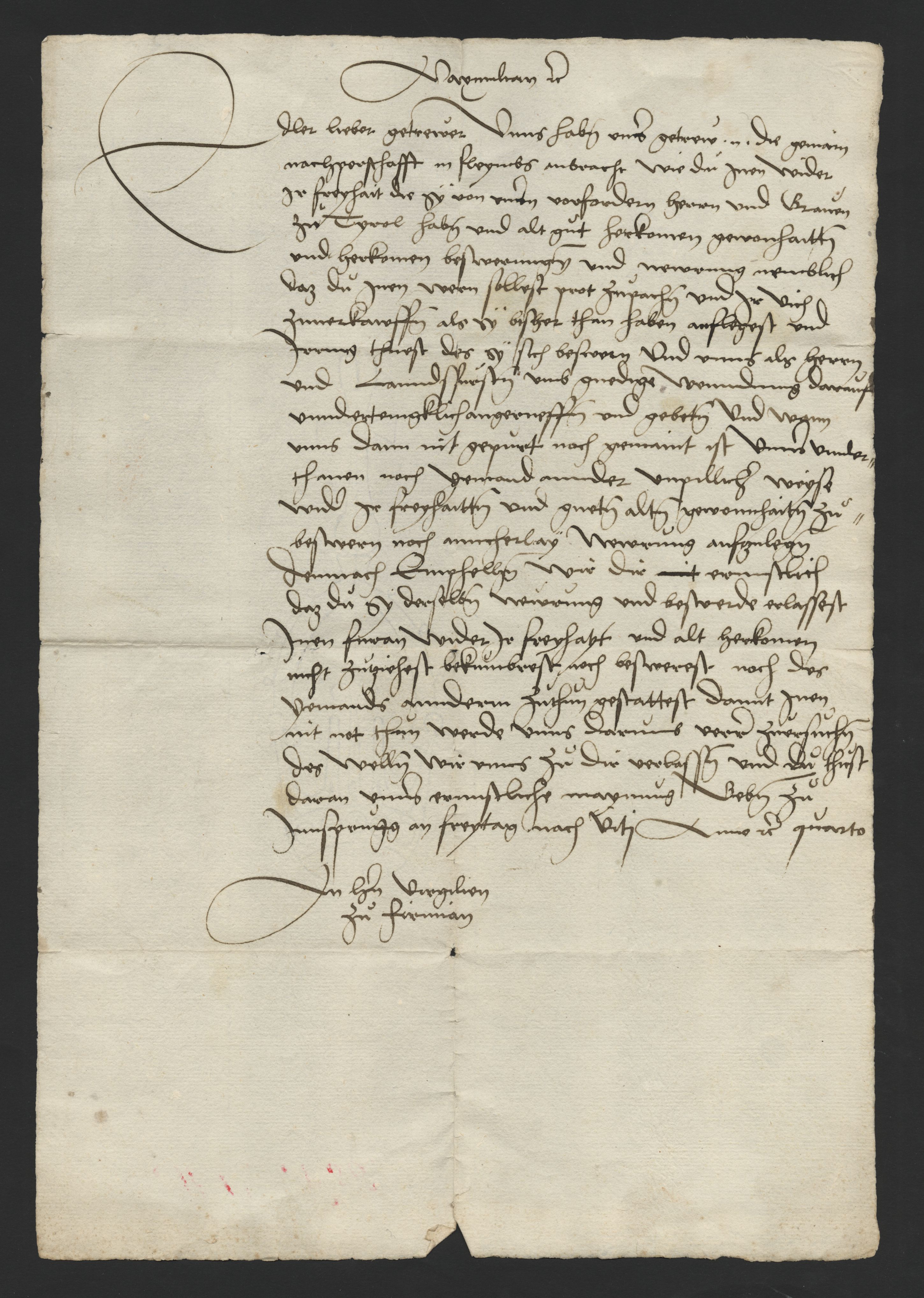 AMCF, Cassetto F, Sc. 31.2. L’imperatore Massimiliano d’Asburgo, conte del Tirolo, ordina a Vigilio Firmian, capitano di Fiemme, di rispettare i privilegi della Comunità.