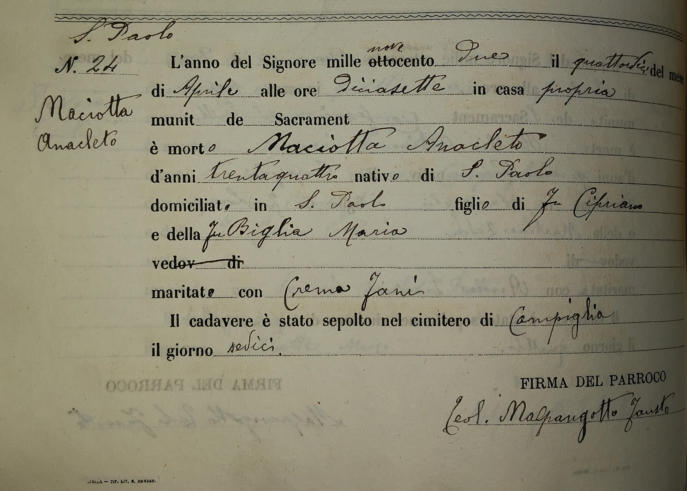 L’atto di morte di Anacleto Maciotta conservato nell’Archivio della Parrocchia di Campiglia Cervo.