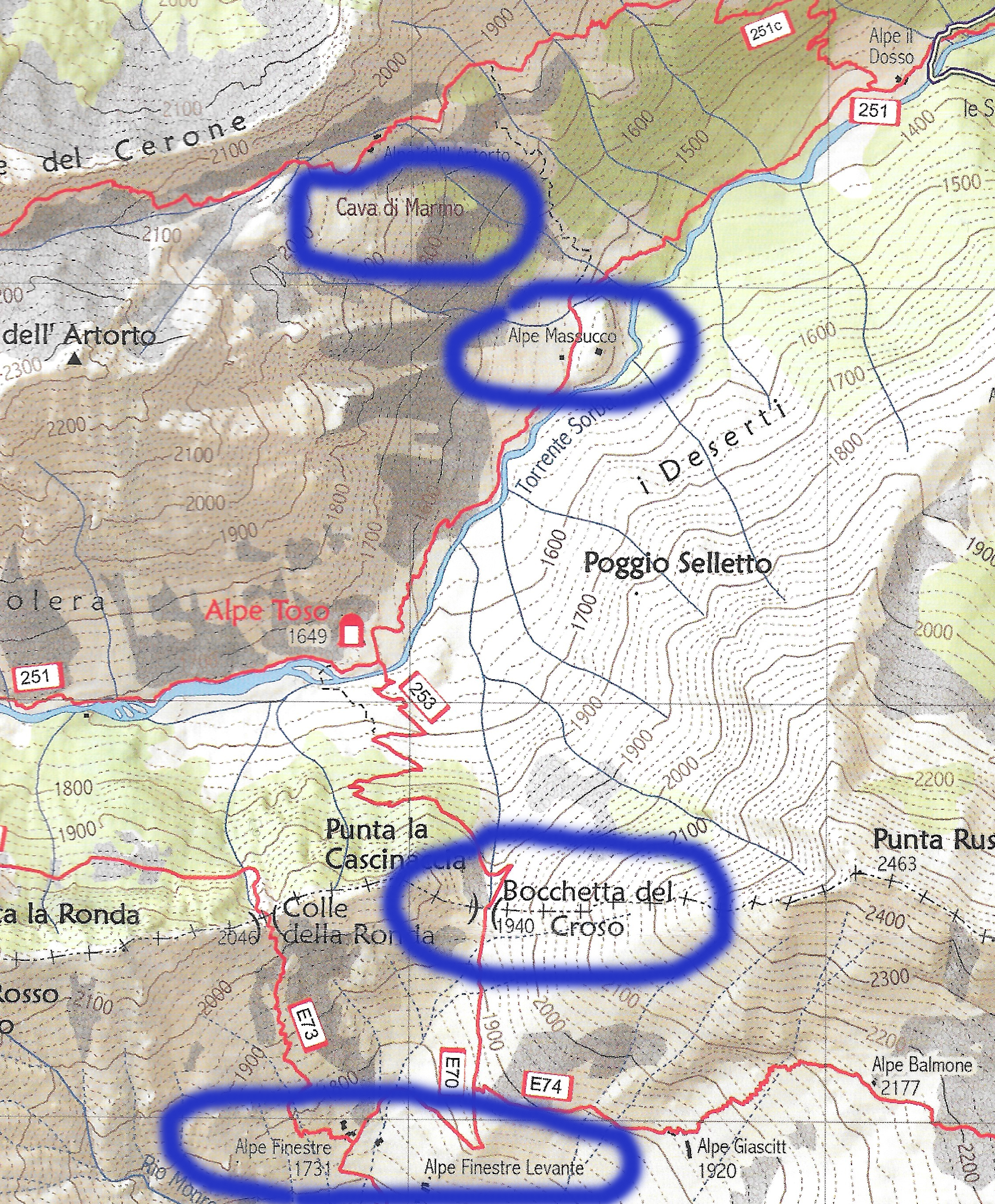 La carta dell’area montana, dall’Alpe Finestre alla cava in Val Sorba (dalla “Carta dei sentieri Biellese nord occidentale”, edizione 2018)