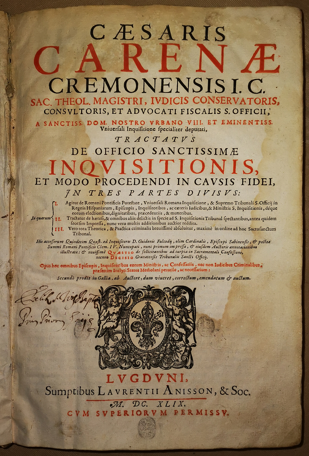 Tractatus de officio Sanctissimae Inquisitionis, con l'ex libris del priore don Gaia.