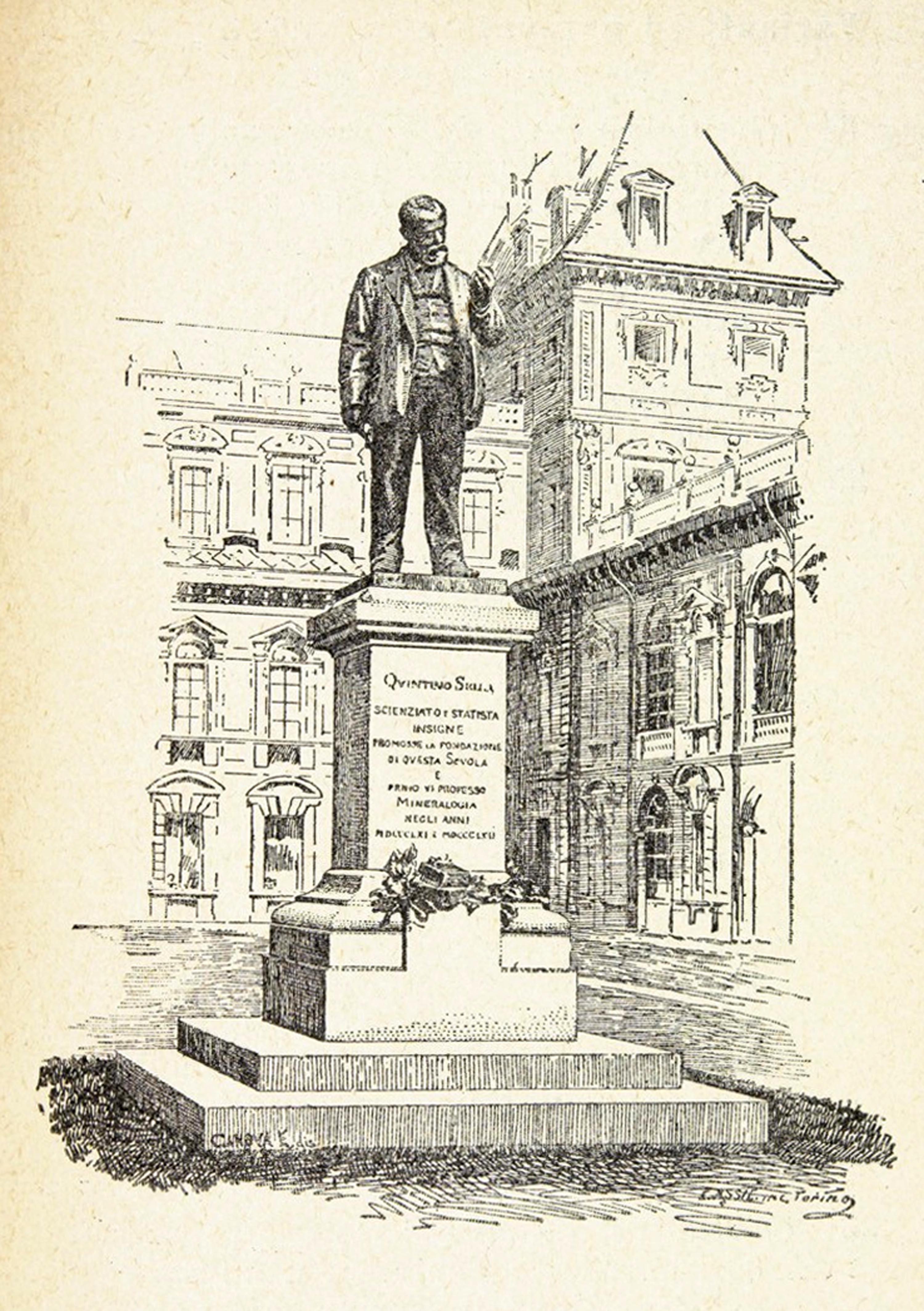 Il monumento a Quintino Sella al castello del Valentino a Torino in una xilografia di fine Ottocento.