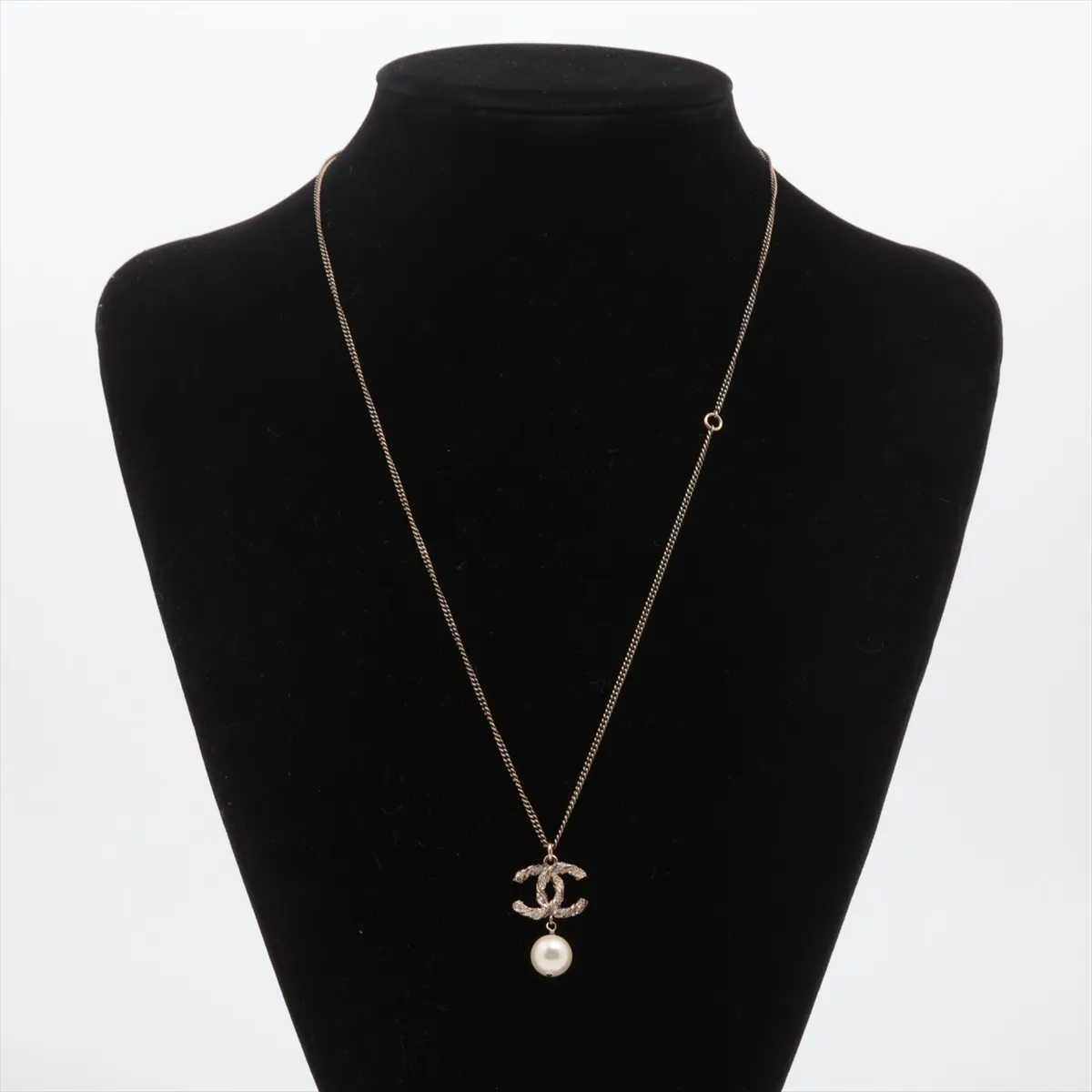 Coco Mark C14V Necklace, GP x Rhinestone x Faux Pearl, Gold, — view 5