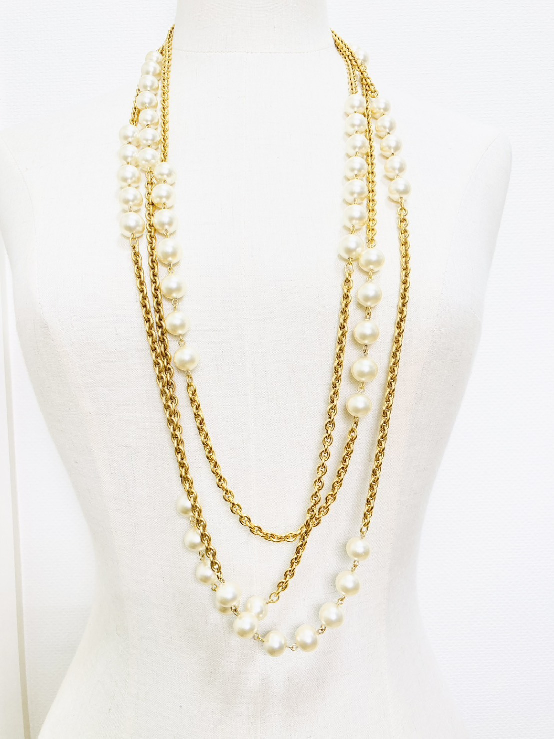 Faux Pearl Long Chain Triple Strand Necklace, Gold, with Markings, Asymmetrical Design, 243.5g — view 2