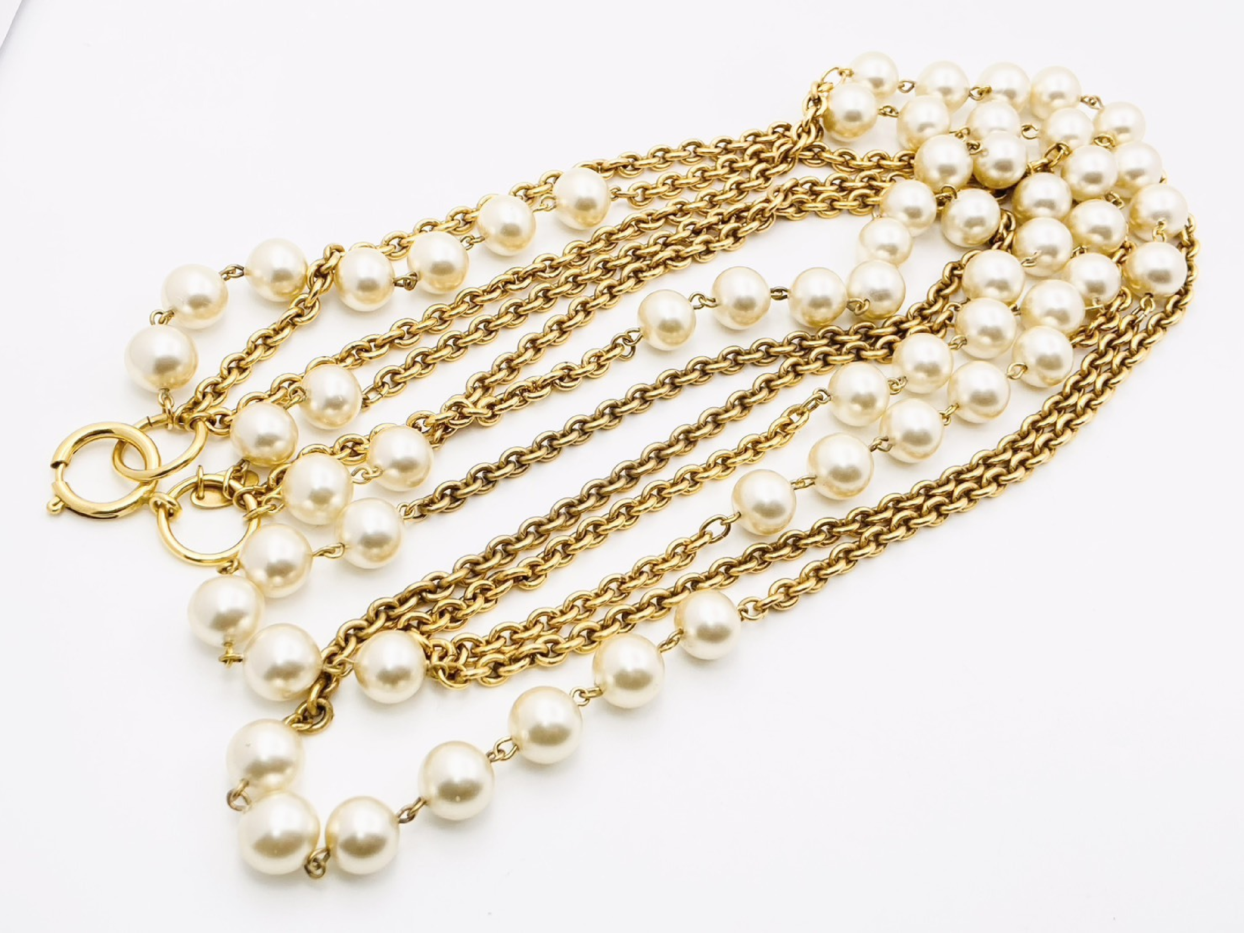 Faux Pearl Long Chain Triple Strand Necklace, Gold, with Markings, Asymmetrical Design, 243.5g — view 3