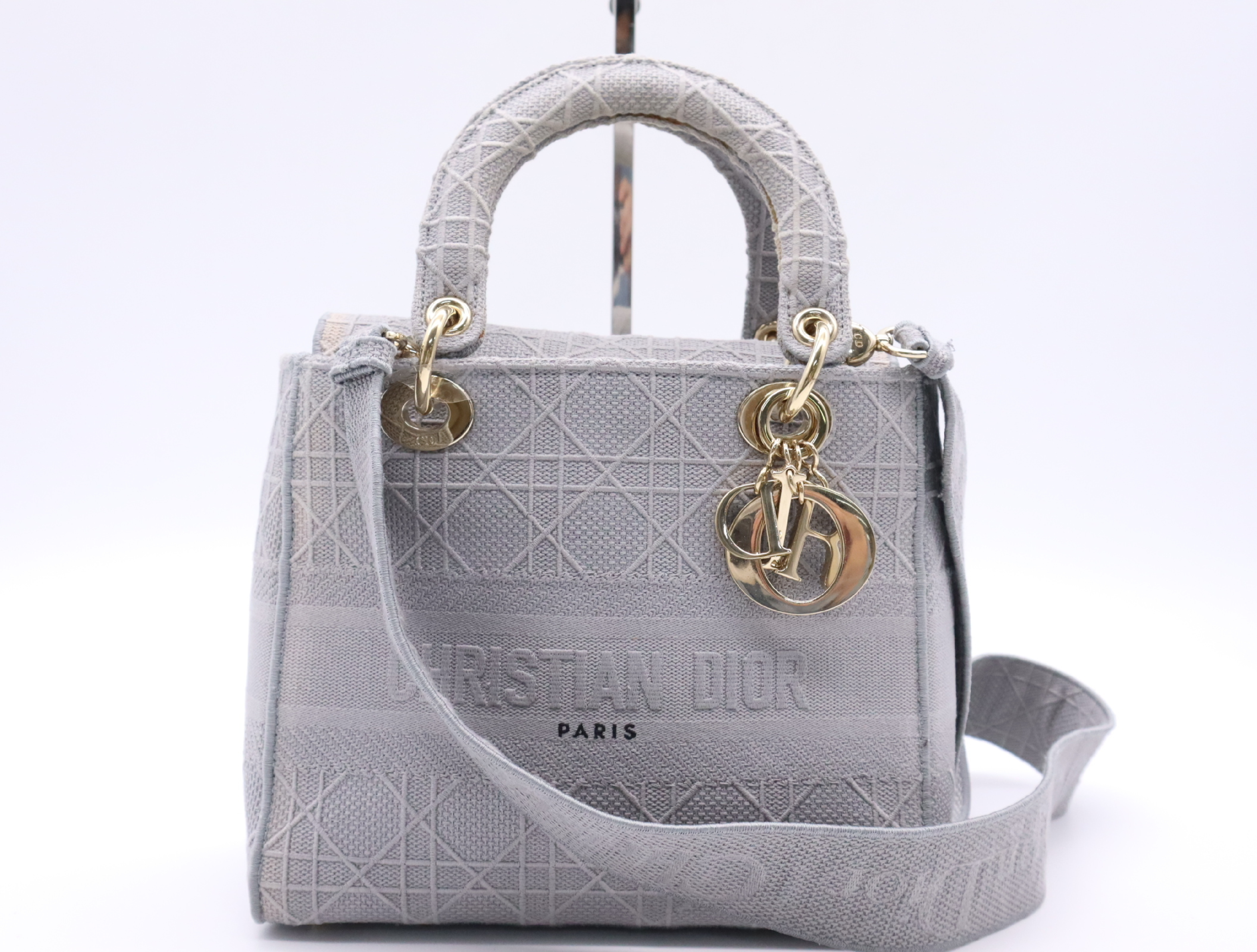Canvas D-Lite Medium Grey Handbag with Gold Hardware and Shoulder Strap