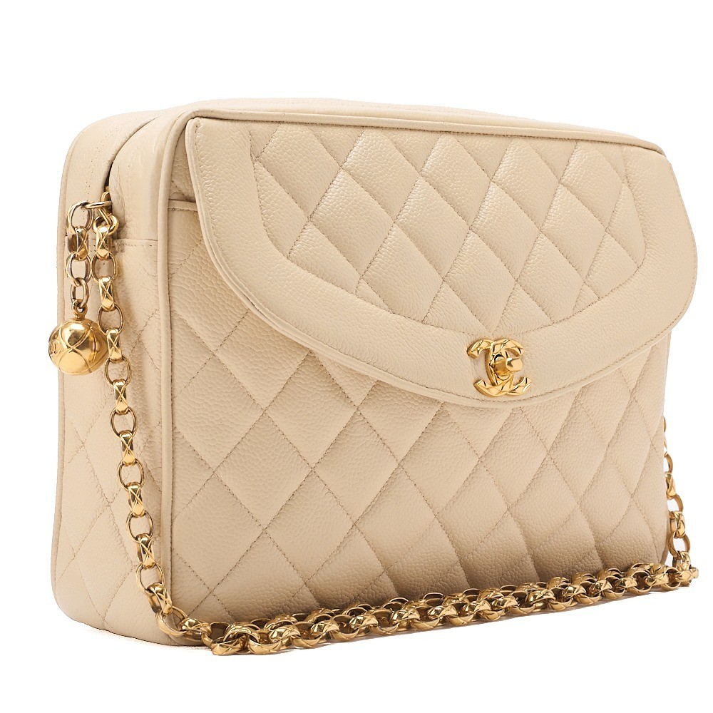 Trasse Caviar Skin Chain Shoulder Bag with Rhinestones, Beige — view 4