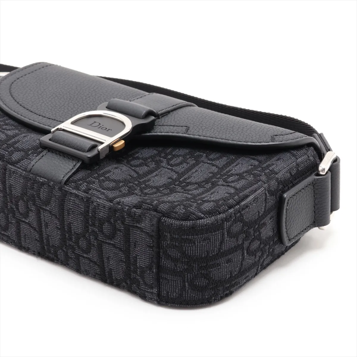 Oblique Saddle Messenger Mini Canvas x Leather Shoulder Bag, Black — view 3
