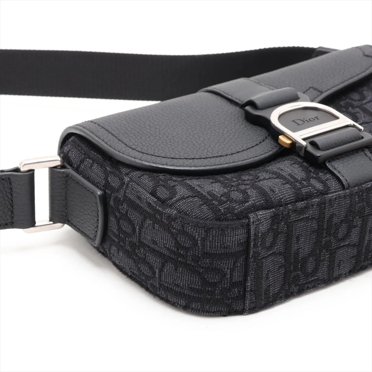 Oblique Saddle Messenger Mini Canvas x Leather Shoulder Bag, Black — view 4