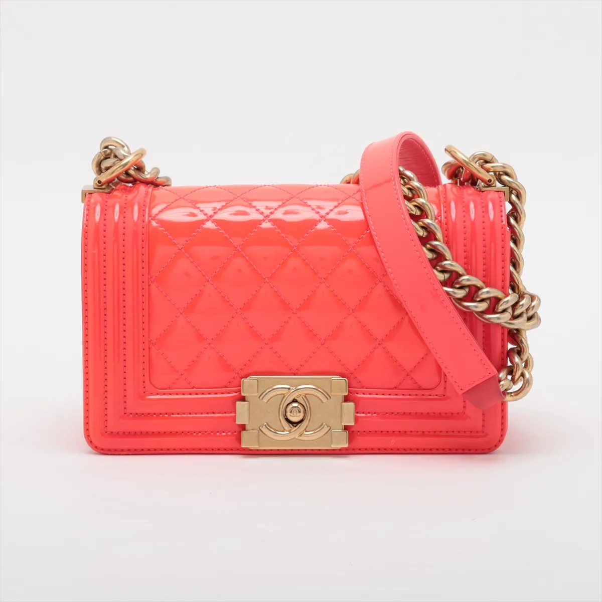 Boy Chanel 20 Small Patent Leather Chain Shoulder Bag, Pink with Gold Hardware, 21957793, Series 21, A67085