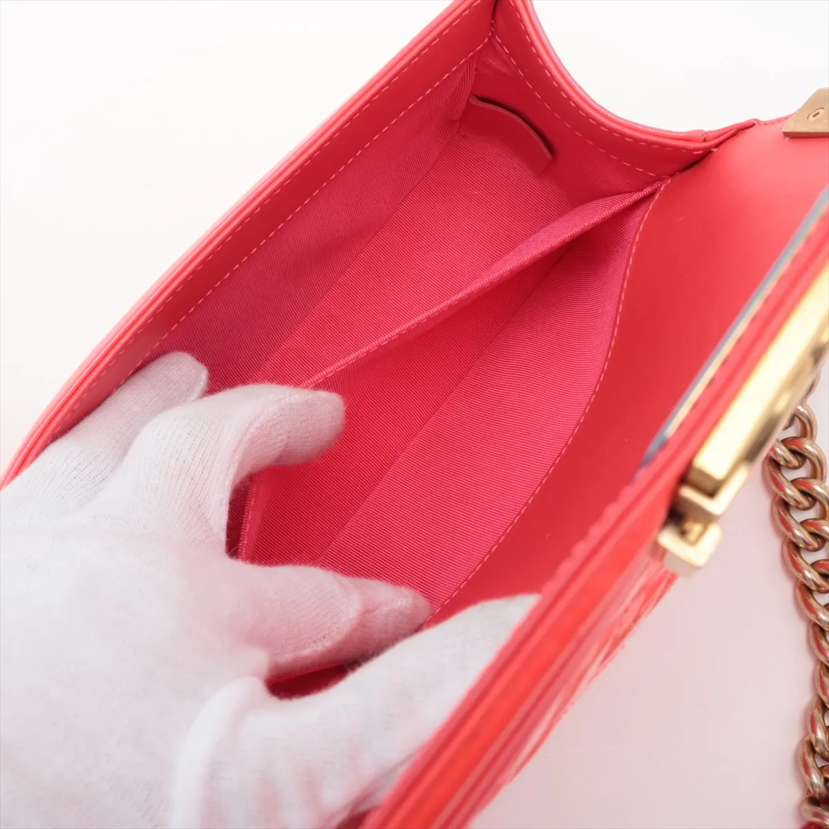Boy Chanel 20 Small Patent Leather Chain Shoulder Bag, Pink with Gold Hardware, 21957793, Series 21, A67085 — view 8