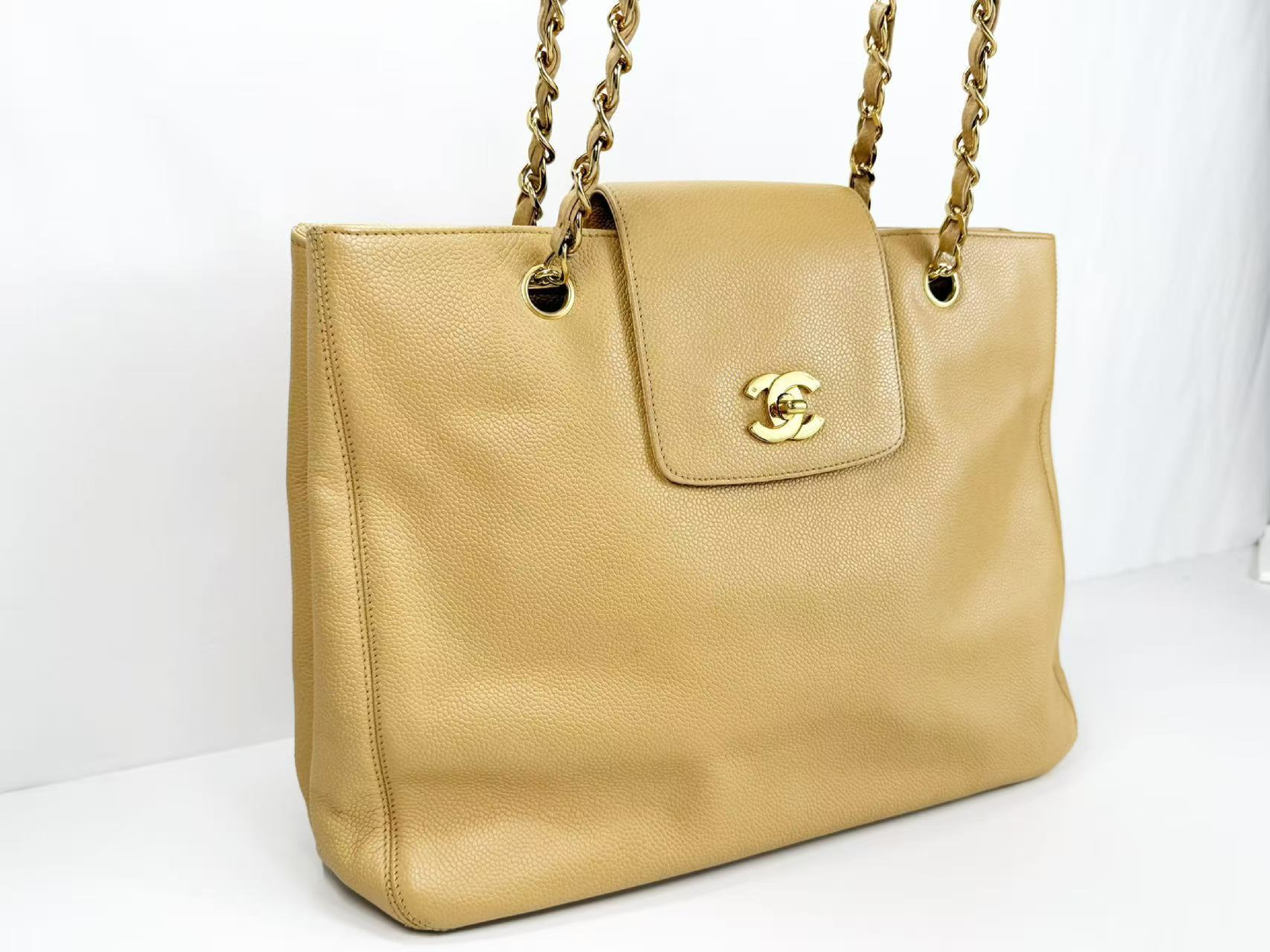 Caviar Skin Beige Matelassé Tanlock Tote Bag, W34/H25/D12cm (approx.), serial number 4, with gold hardware, chain tote bag. Includes strap and seal. — view 2