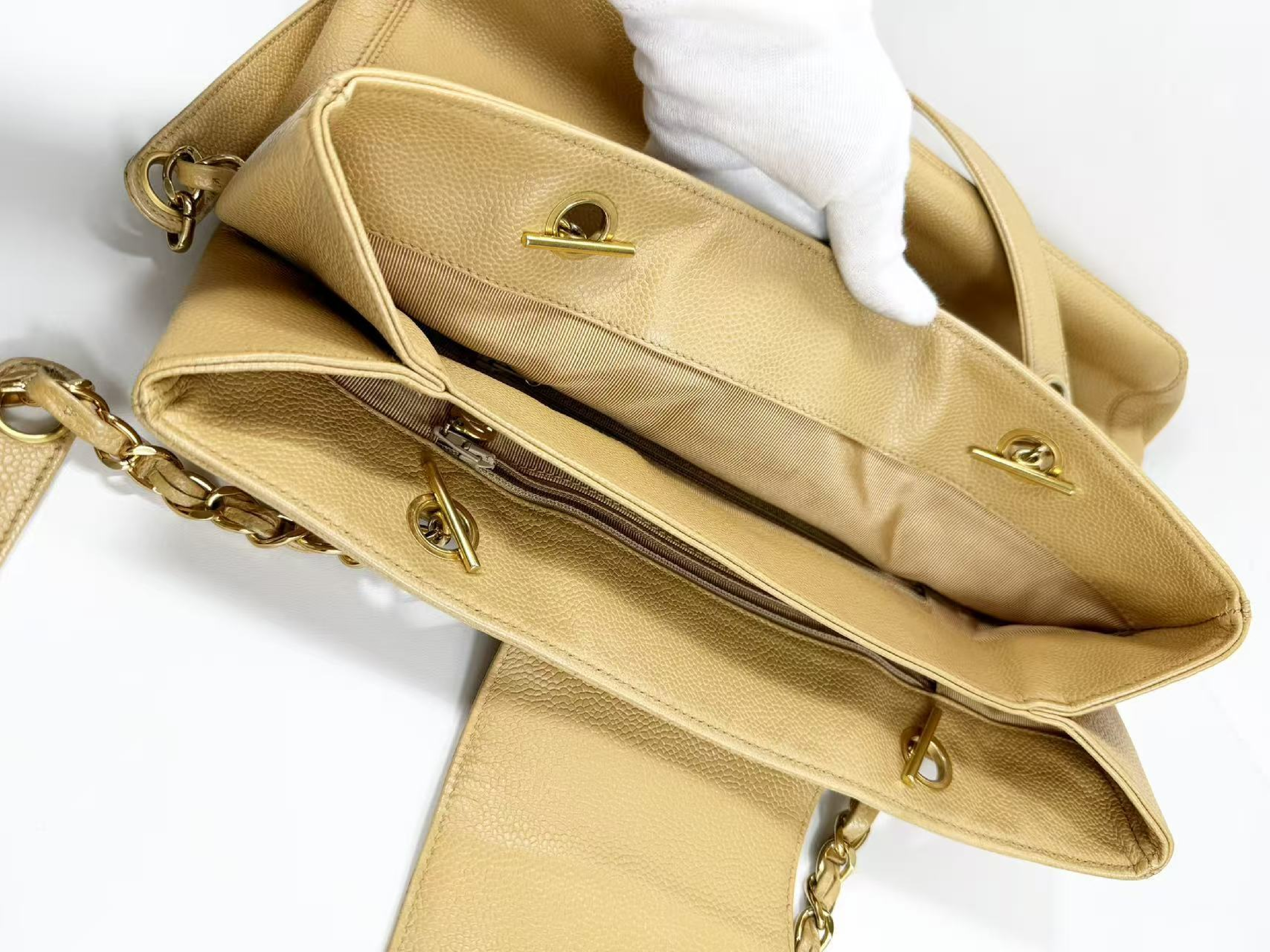 Caviar Skin Beige Matelassé Tanlock Tote Bag, W34/H25/D12cm (approx.), serial number 4, with gold hardware, chain tote bag. Includes strap and seal. — view 13