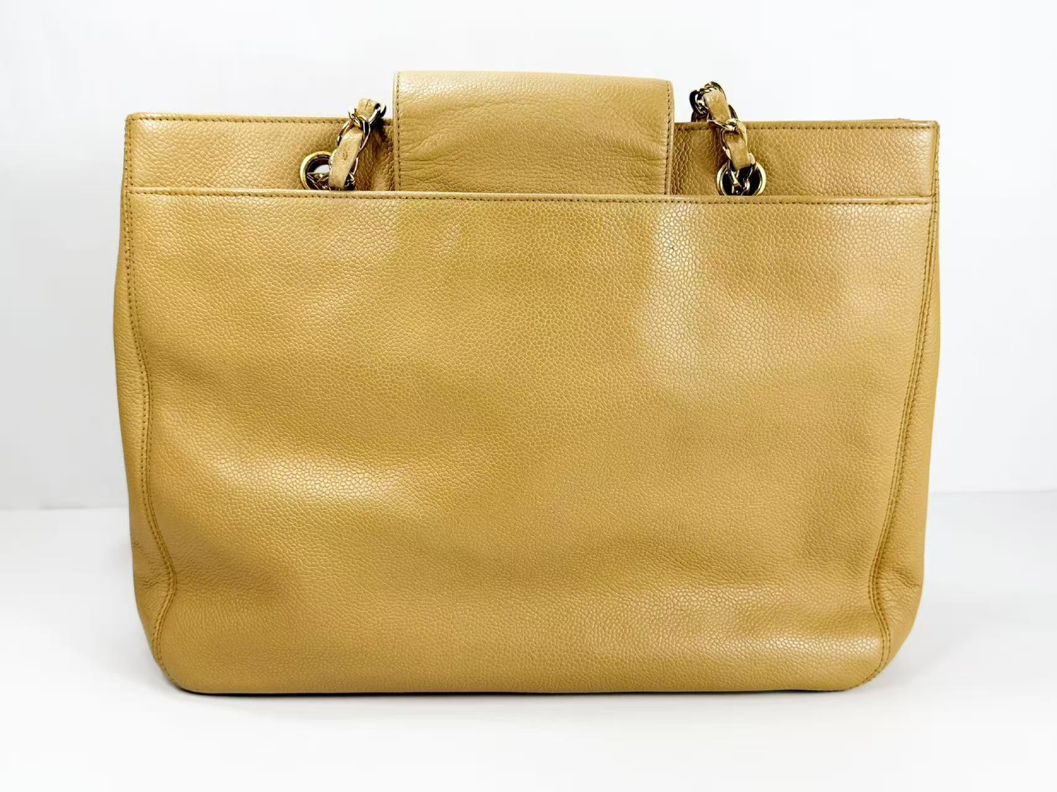Caviar Skin Beige Matelassé Tanlock Tote Bag, W34/H25/D12cm (approx.), serial number 4, with gold hardware, chain tote bag. Includes strap and seal. — view 3
