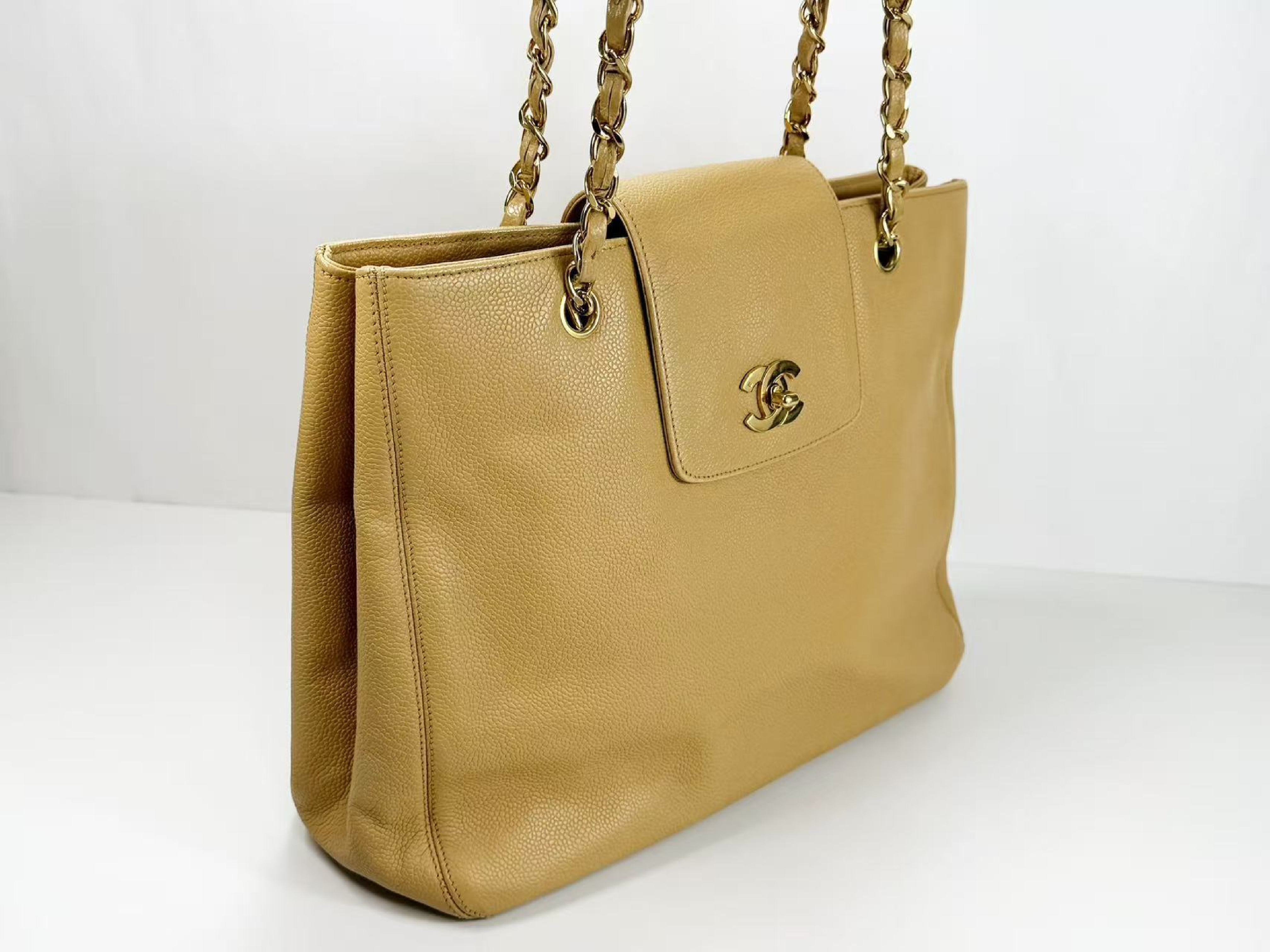 Caviar Skin Beige Matelassé Tanlock Tote Bag, W34/H25/D12cm (approx.), serial number 4, with gold hardware, chain tote bag. Includes strap and seal. — view 6