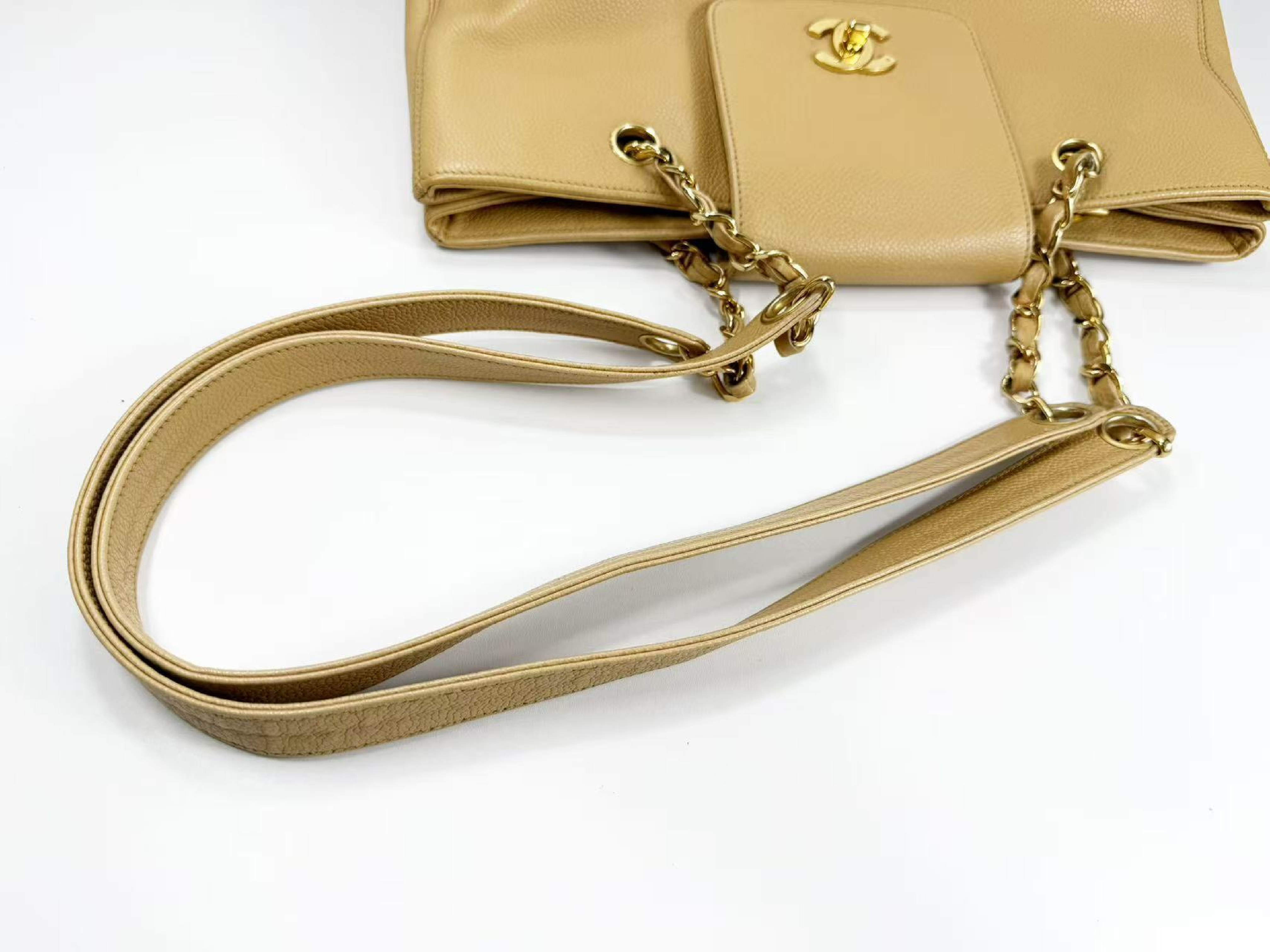 Caviar Skin Beige Matelassé Tanlock Tote Bag, W34/H25/D12cm (approx.), serial number 4, with gold hardware, chain tote bag. Includes strap and seal. — view 7