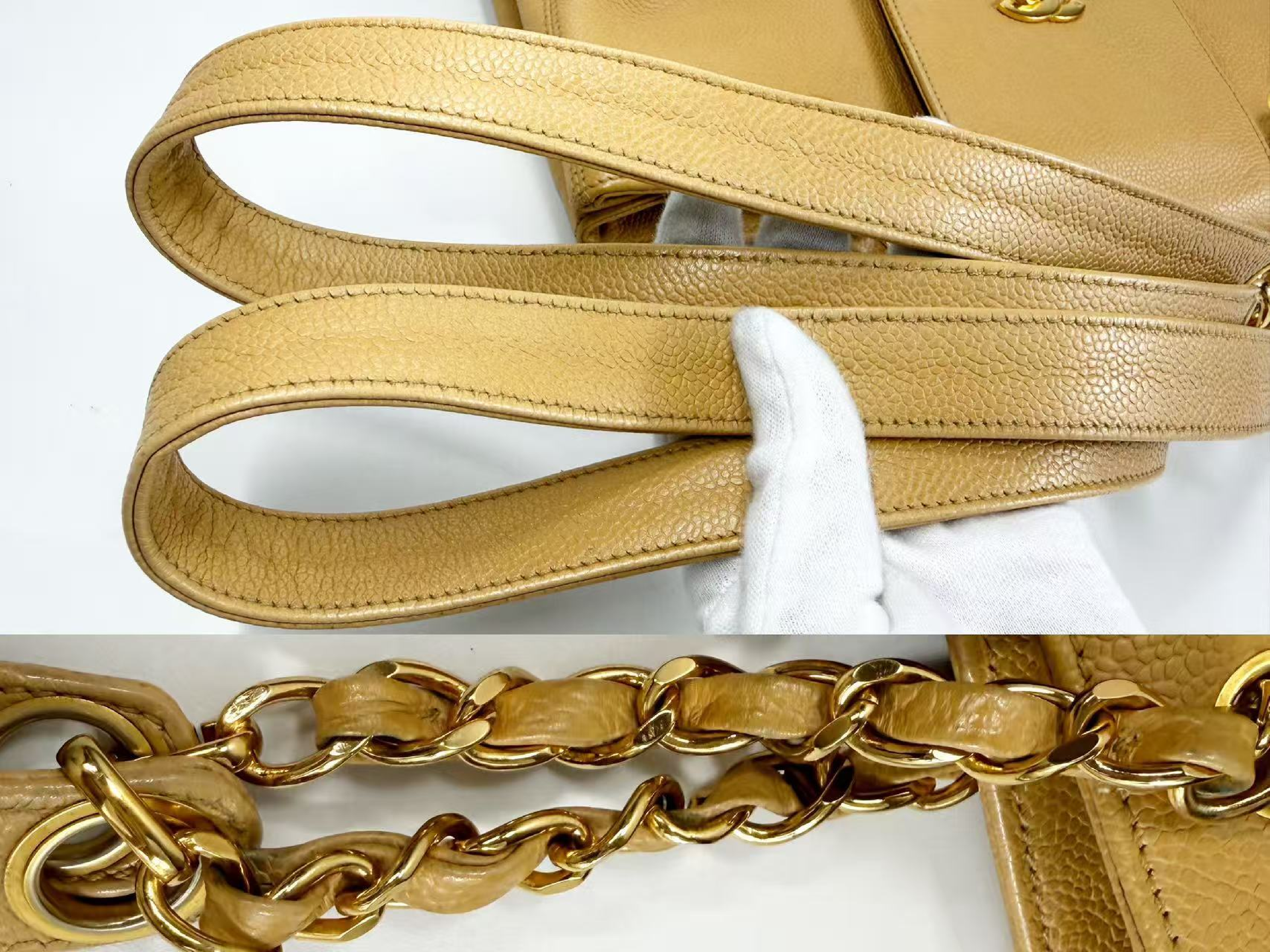 Caviar Skin Beige Matelassé Tanlock Tote Bag, W34/H25/D12cm (approx.), serial number 4, with gold hardware, chain tote bag. Includes strap and seal. — view 8