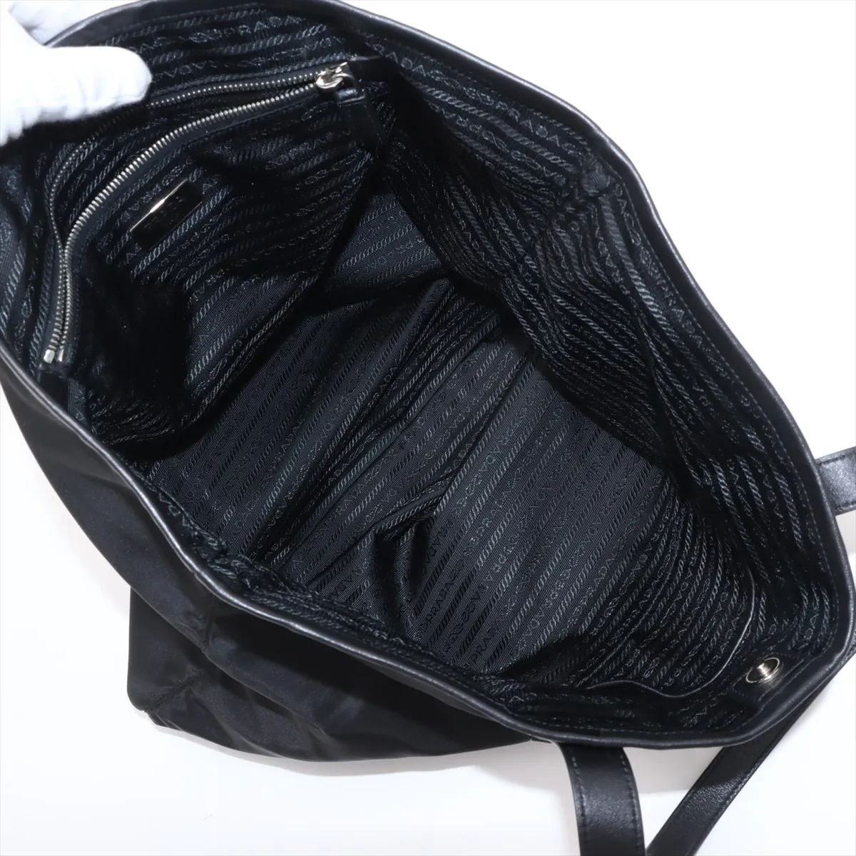 Tessuto Nylon x Leather Tote Bag Black — view 7