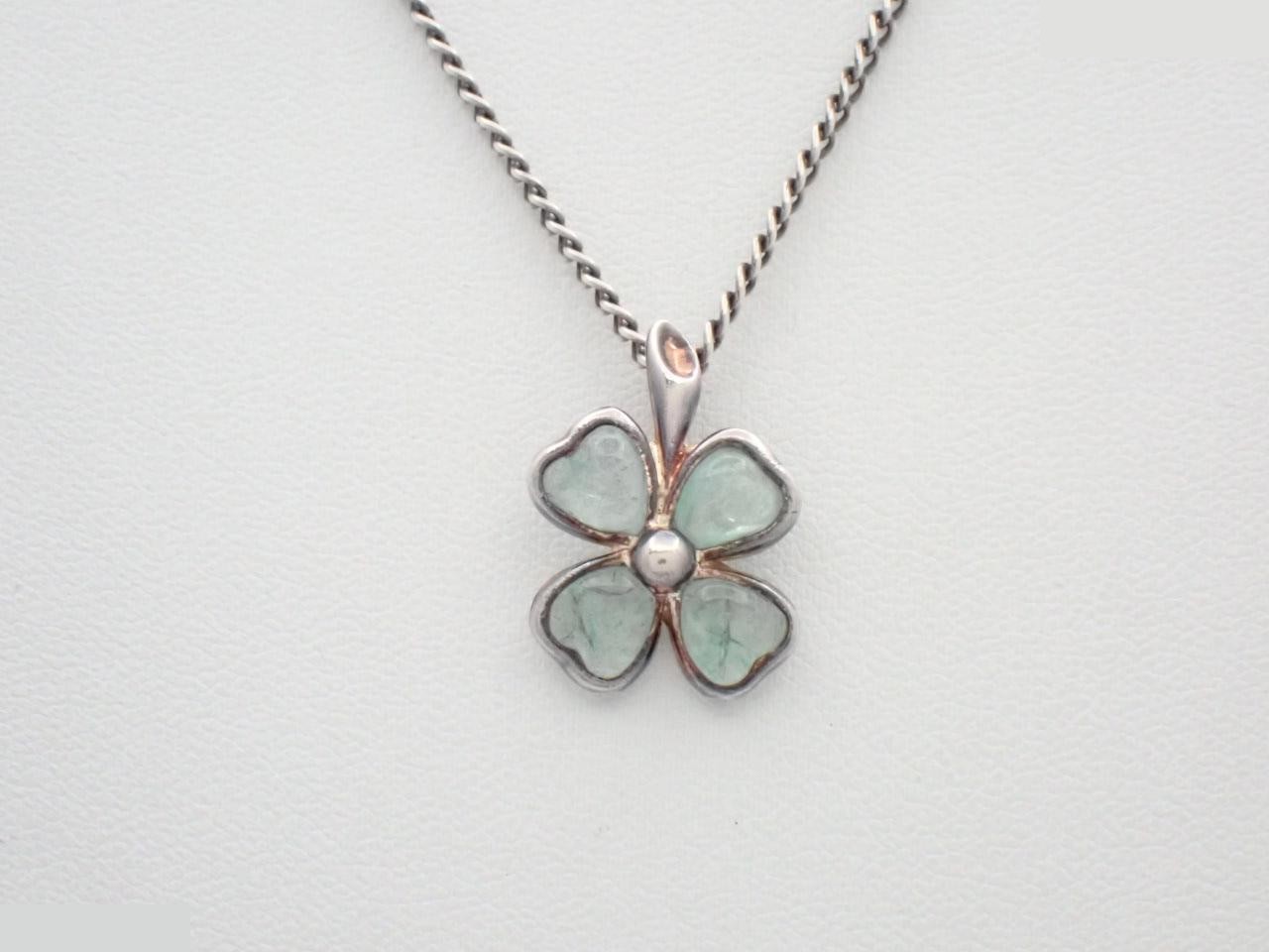 Necklace, clover design, light blue, silver, chain approximately 42cm