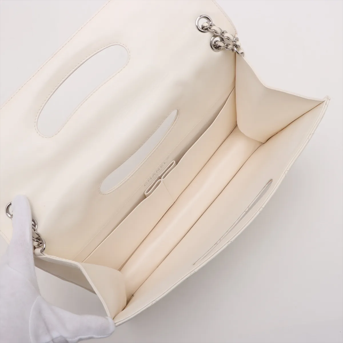 Matelassé Lambskin Chain Shoulder Bag, White, Silver Hardware, 19618706, Serial Number 19 — view 7